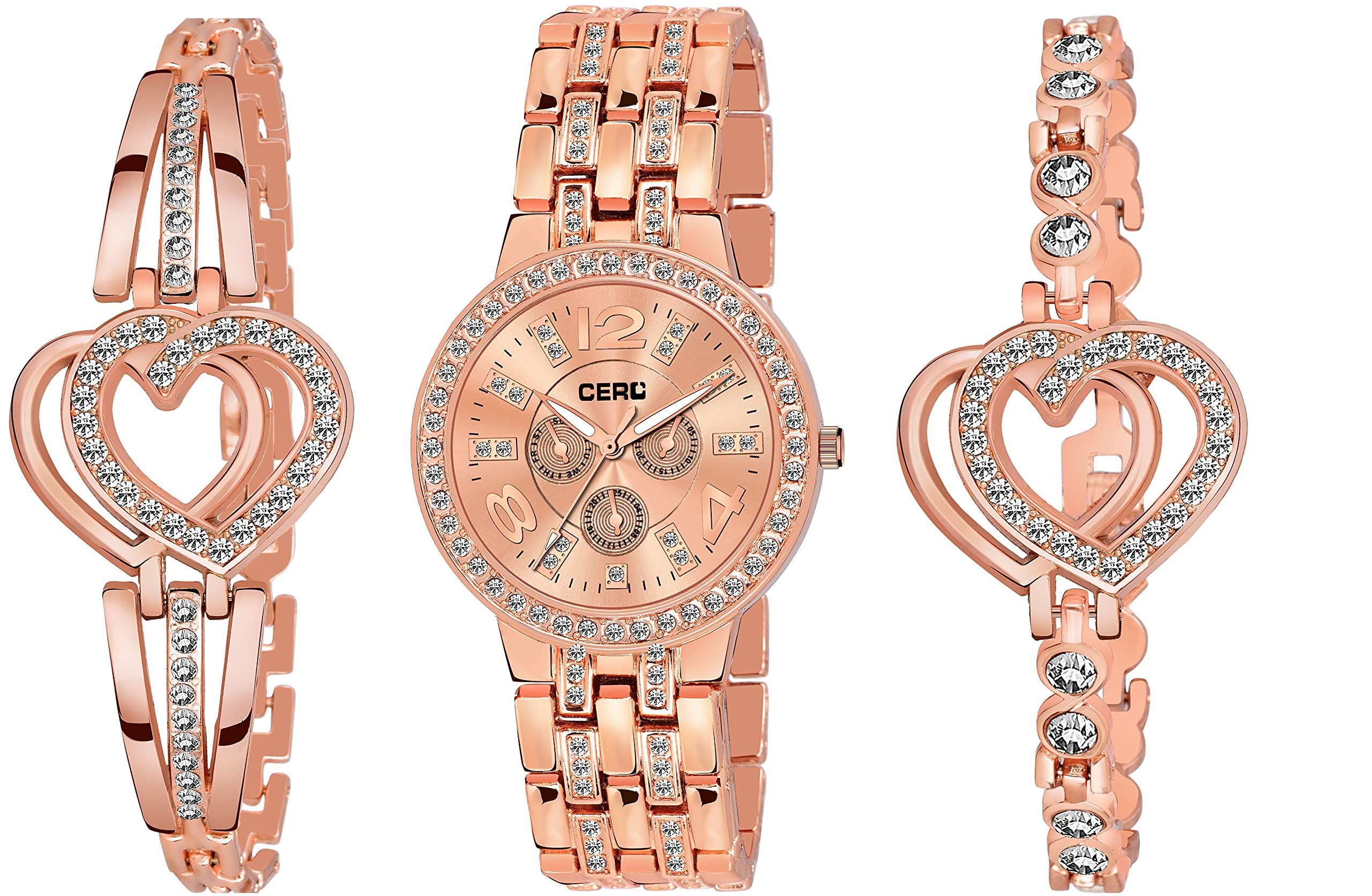 CERO Rose Gold Diamond Studded Analogue Watch and Bracelet Combo for Women & Girls(Pack of 3) (Rose Gold-523) (B09BCW8P95) Amazon Price History, Amazon Price Tracker
