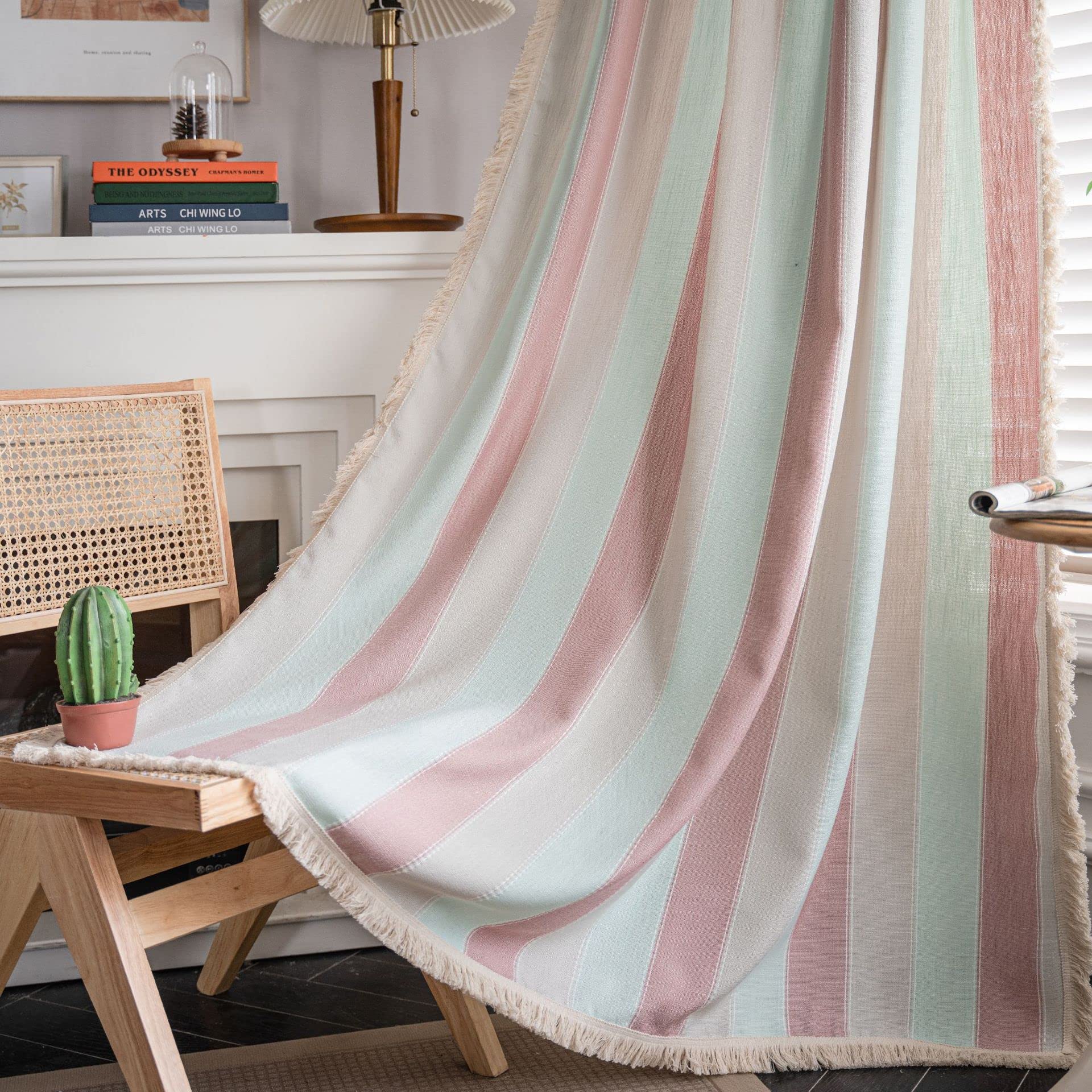Plancholo Boho Curtain 84 Inches Long for Bedroom Living Room Striped Cotton Linen Semi Blackout Farmhouse Window Curtain Panel Bohemian Tassel Rod Pocket Drape (1 Panel, 52" W x 84" L, Pink)