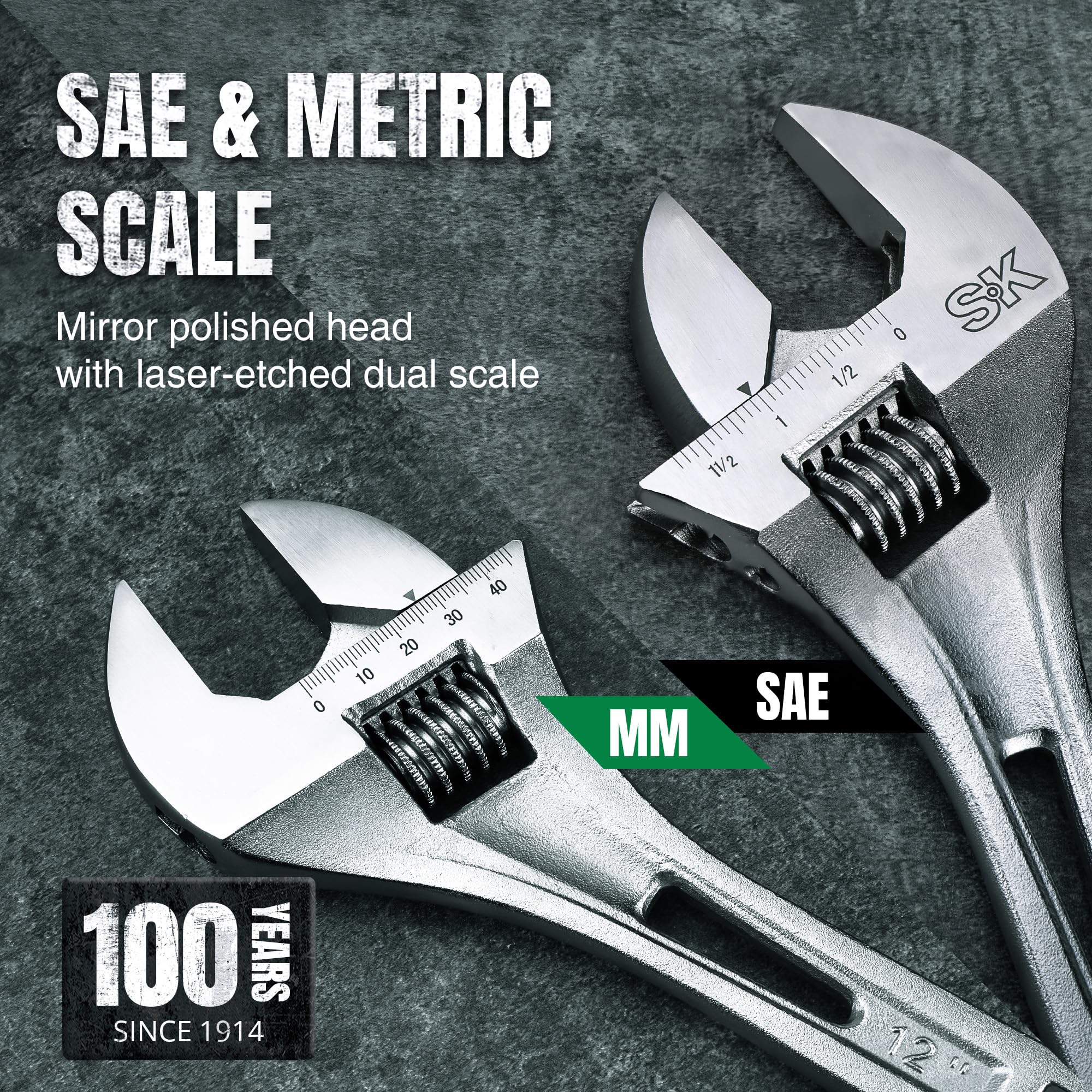 SK Klucz nastawny 30 cm, pojemność szczęki 1-1/5.1 cm, stal Cr-V, SAE i wagi metryczne