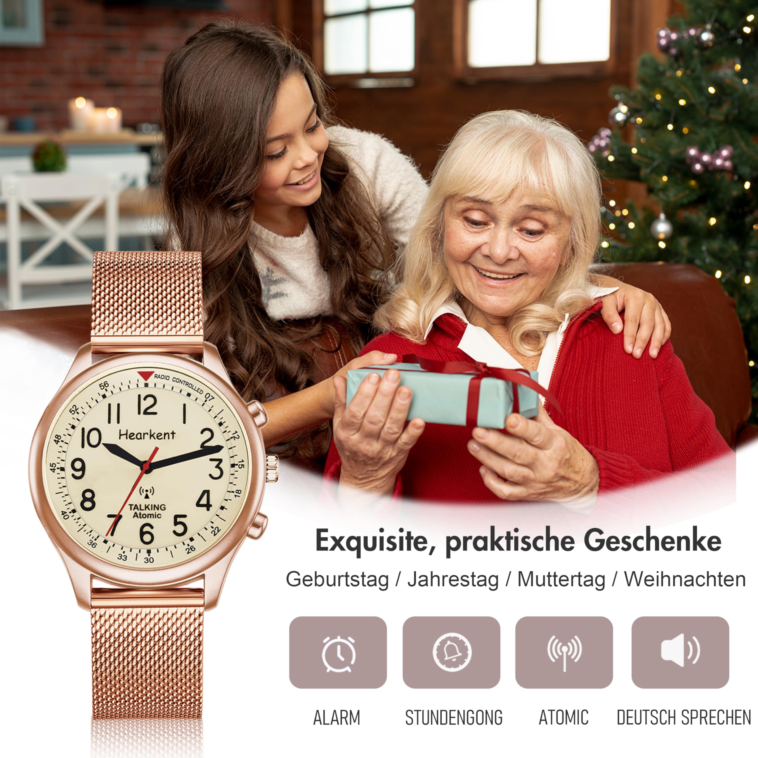 Hearkent Damen Sprechende Uhr, Laute und Klare Deutsche Sprachfunktion | Funk-Sprechuhr Analoge Armbanduhr für Senioren, Blinde und Menschen mit sehbehinderte