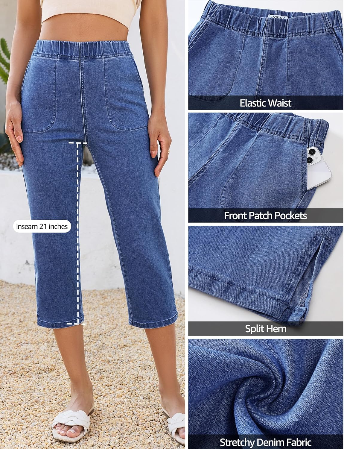 luvamia Capri Jeans for Women Trendy Pull On Elastic Waist High Rise Side Split Stretchy Relaxed Fit Denim Capris Pants - Image 4