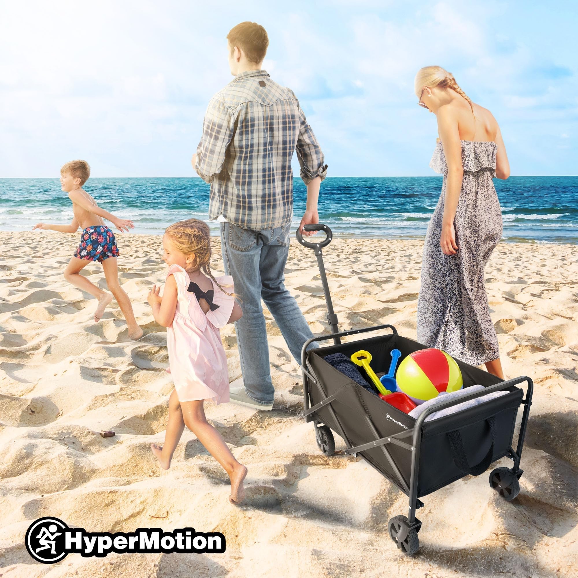 HyperMotion Carrello Pieghevole con Ruote Portatutto 80L, Carrello da Giardino e Campeggio in Acciaio, 79x49x92 cm, Chiusura Rapida, 4 Ruote Girevoli, Nero