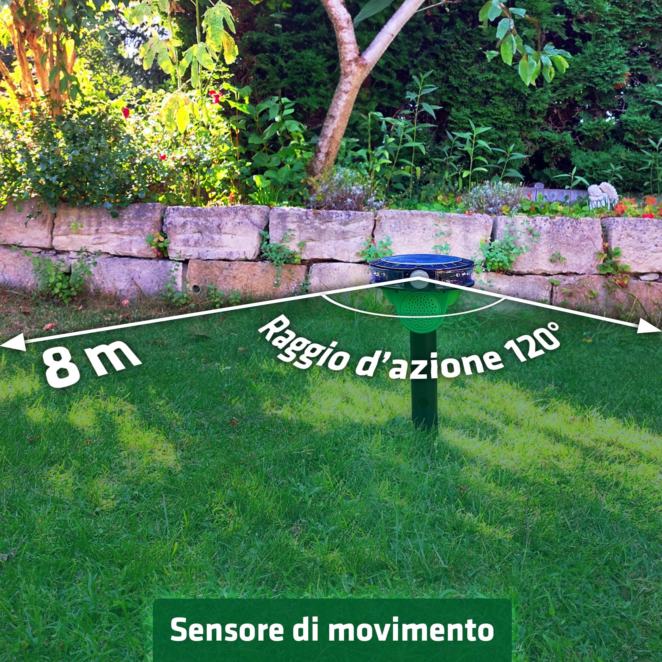 Gardigo® Repellente per Uccelli: Spaventapasseri a Energia Solare | Repellente per Piccioni, fino 60m² | Rilevatore Movimento | 3 Suoni, Luce LED | Resistente alle Intemperie | Scaccia Uccelli, Corvi