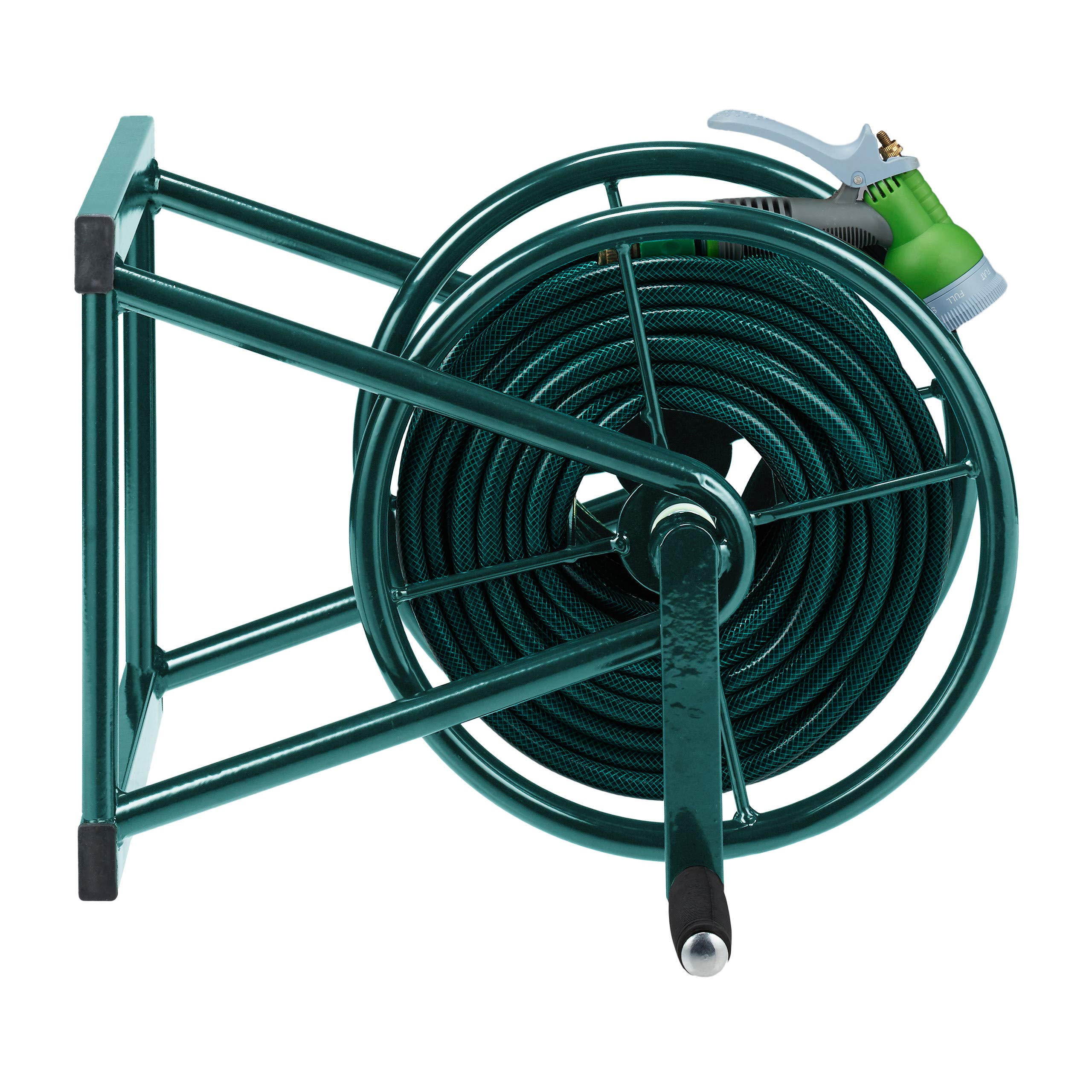 Relaxdays Dévidoir mural, enrouleur pour 60 m de tuyau d’arrosage, 2 raccords à clipser, support, acier, vert