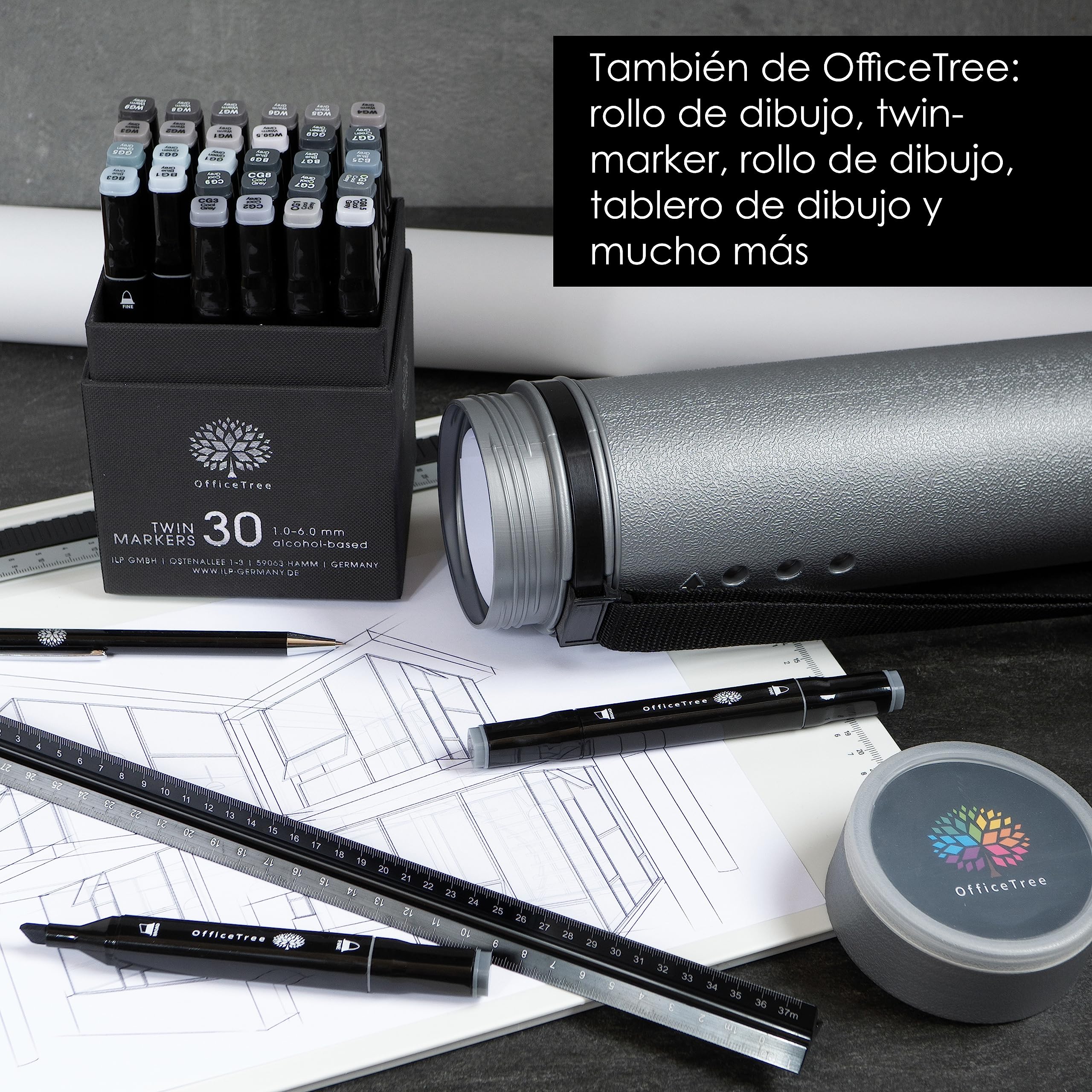 OfficeTree Escalimetro Profesional incl. Portaminas - Regla Triangular 30cm - Escalímetro Escala 1/50 hasta 1/125 - Regla Aluminio - Regla 30 cm - Regla Dibujo Tecnico - Escalimetros