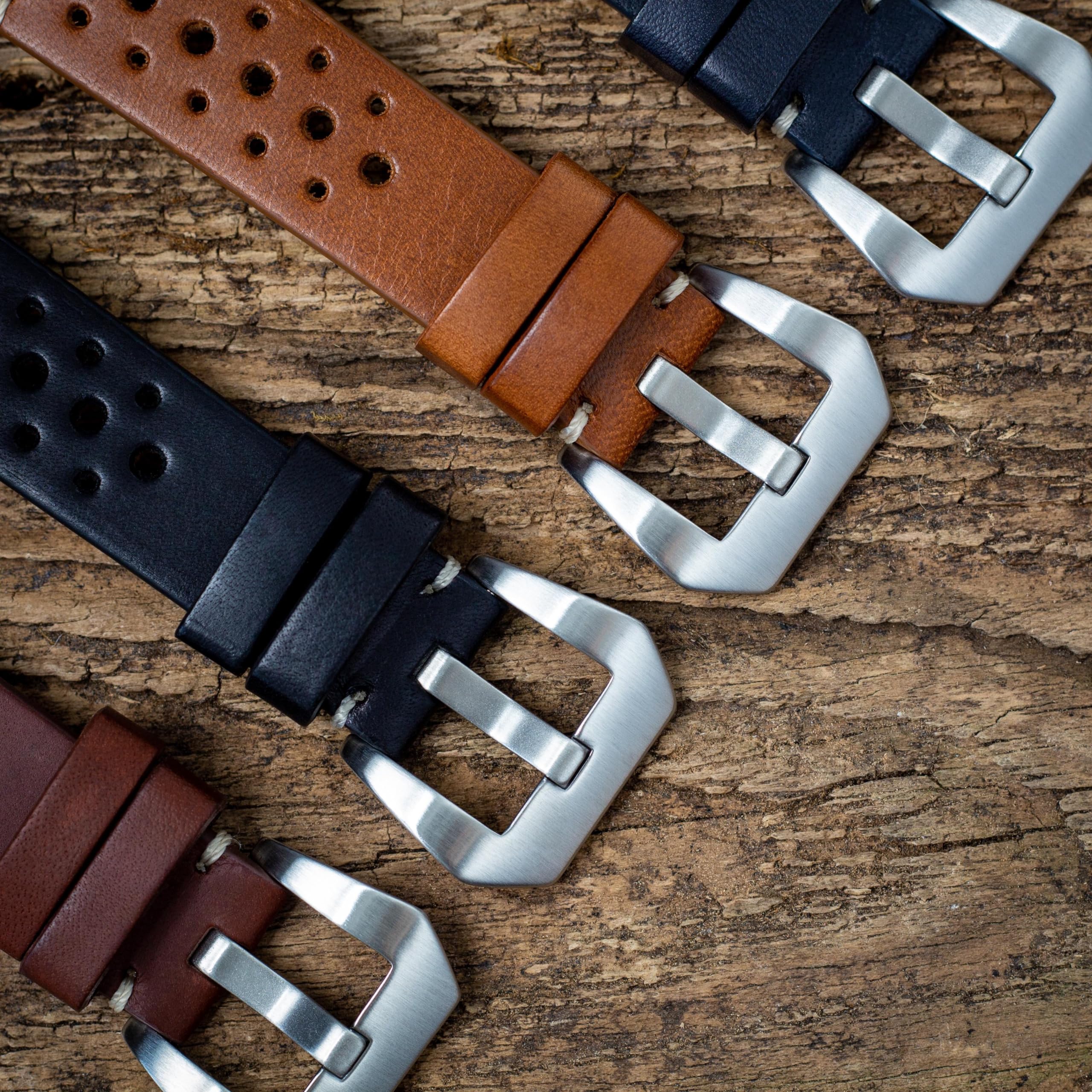 Buckle & Stitch Cinturino per orologio in pelle, realizzato a mano, perforato, stile racing, nero, marrone scuro, marrone chiaro, blu navy, 20 mm, 22 mm, 24 mm, barre a molla e attrezzi inclusi,