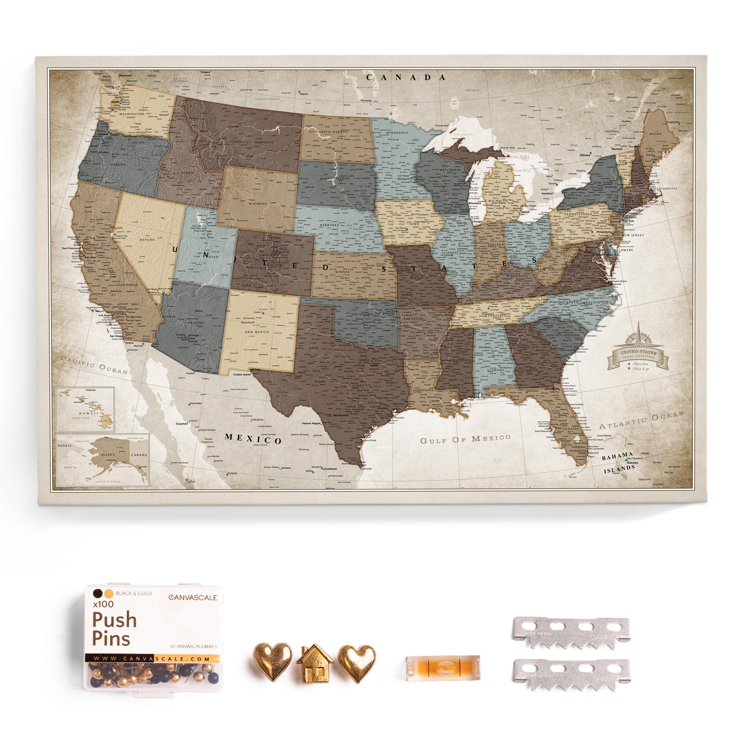 USA Map Canvas Wall Art with Cork Pin Board – Decorative Push Pin Travel Map for Home, Office, Living Room, Bedroom (70x50cm - Pattern 25)