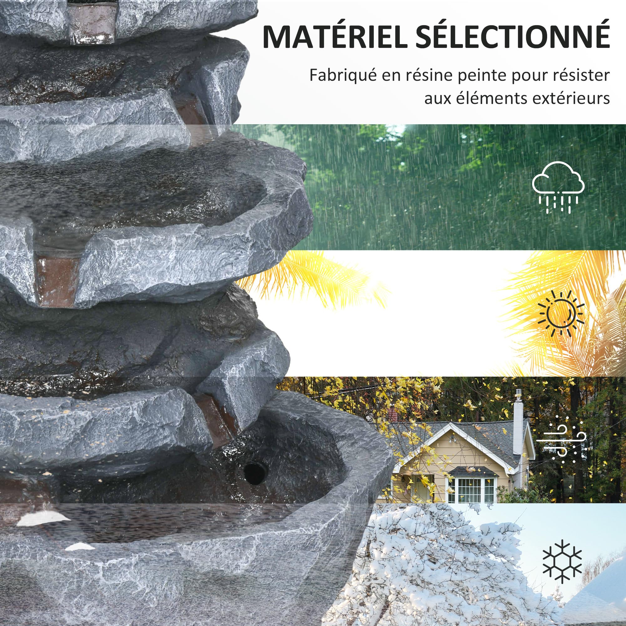 Outsunny Fontaine de Jardin à énergie Solaire Roche en Cascade à 5 Niveaux en résine avec lumières LED et Pompe dim. 38L x 31l x 55H cm Gris