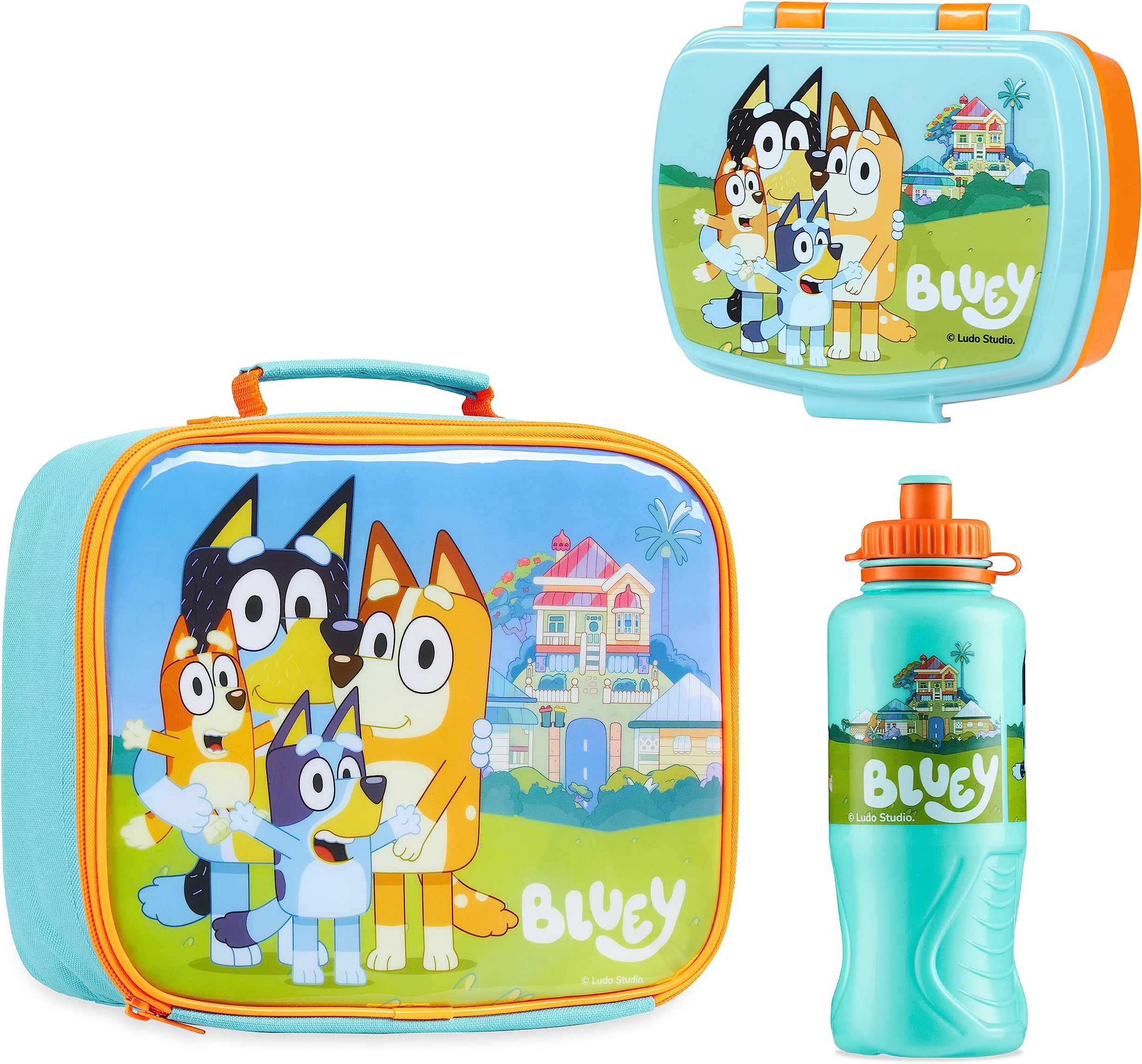 Bluey Lunch Box 3 Piece Set with Insulated Lunch Bag Snack Box BPA Free 430ml Water Bottle - for Preschool Nursery Travel or Day Trips - Kids Lunch Box Set