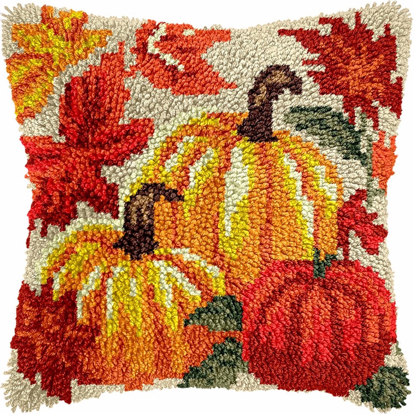 Fwrtycb Latch Hook Cushion Kits For Adults Pumpkin Autumn Maple Leaves Rug Cover Pillowcase Kids Beginner Diy Needlework Embroidery Kits Handmade Set Craft Sofa Home Decor 43X43cm,2Pcs