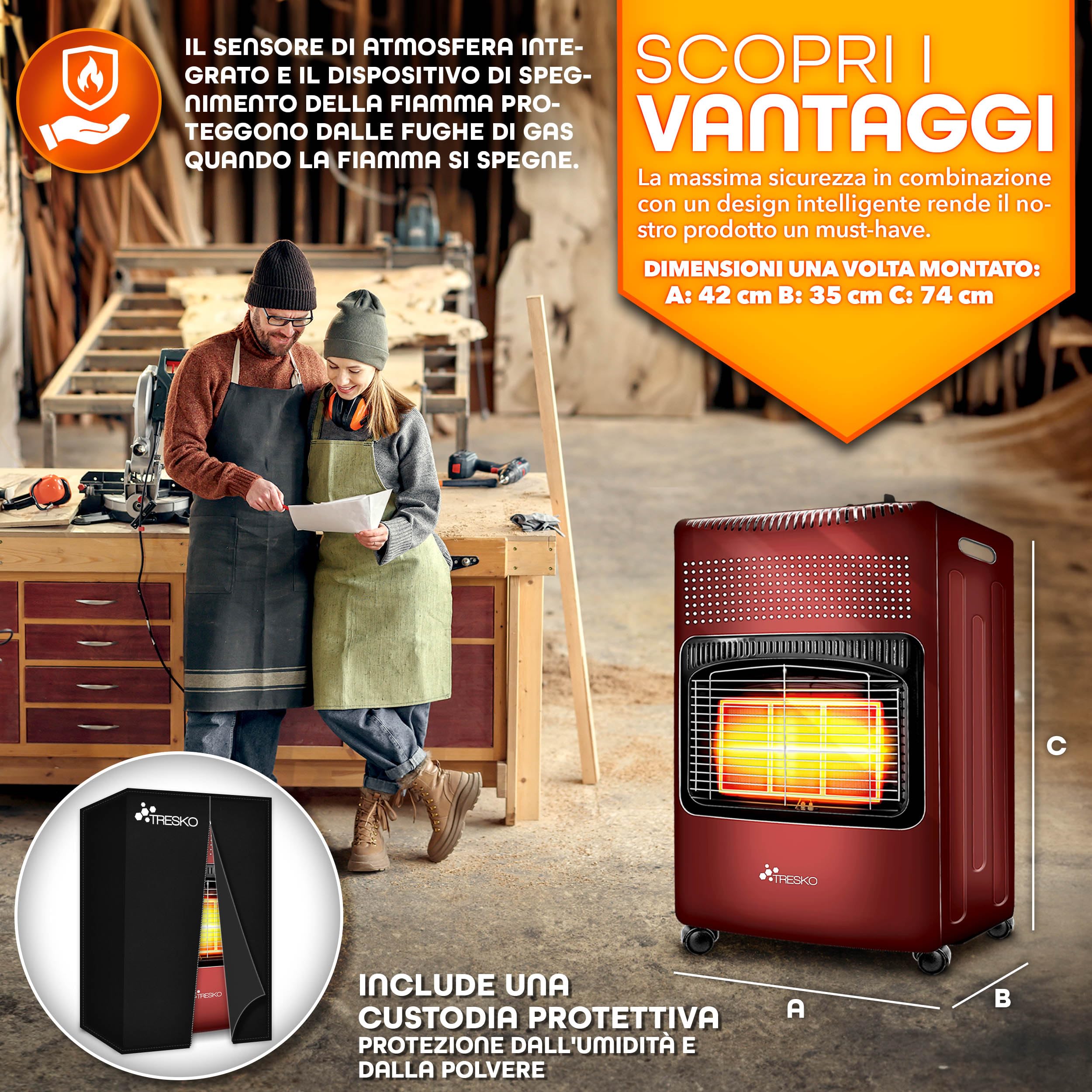 TRESKO Stufa a Gas 4200 Watt, Riscaldatore con Regolatore di Pressione, 3 Livelli, Rosso