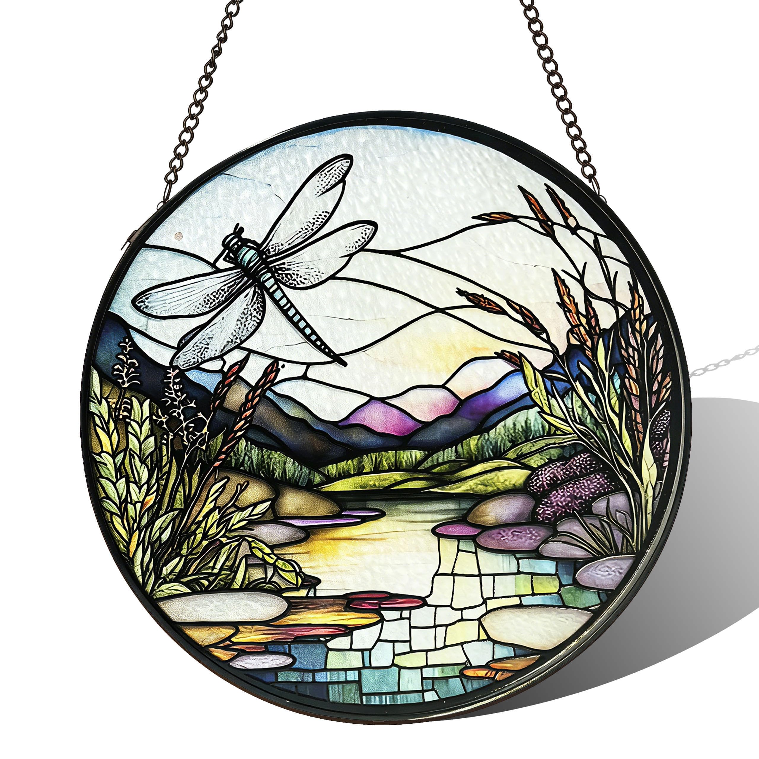 Stained Acrylic Puzzle Suncatcher,7.4in Dragonfly and River Whimsical Garden Decor
