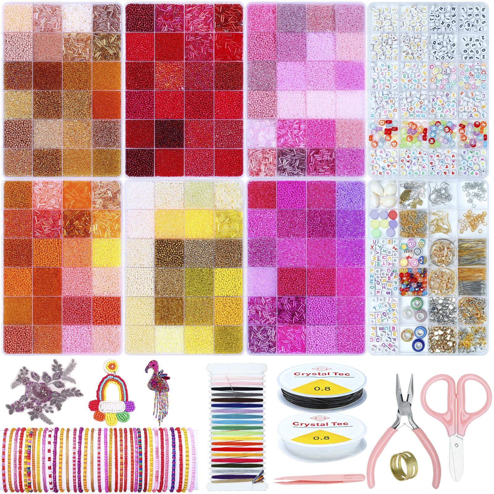 52000+pcs 2mm Rocalle Beads para Pulseras 144 Colores Pequeñas Perlas Set | Mini perlas de cristal con tubos de 7 mm, cuentas de letras, cuentas numéricas y accesorios para joyas, collar y pendientes