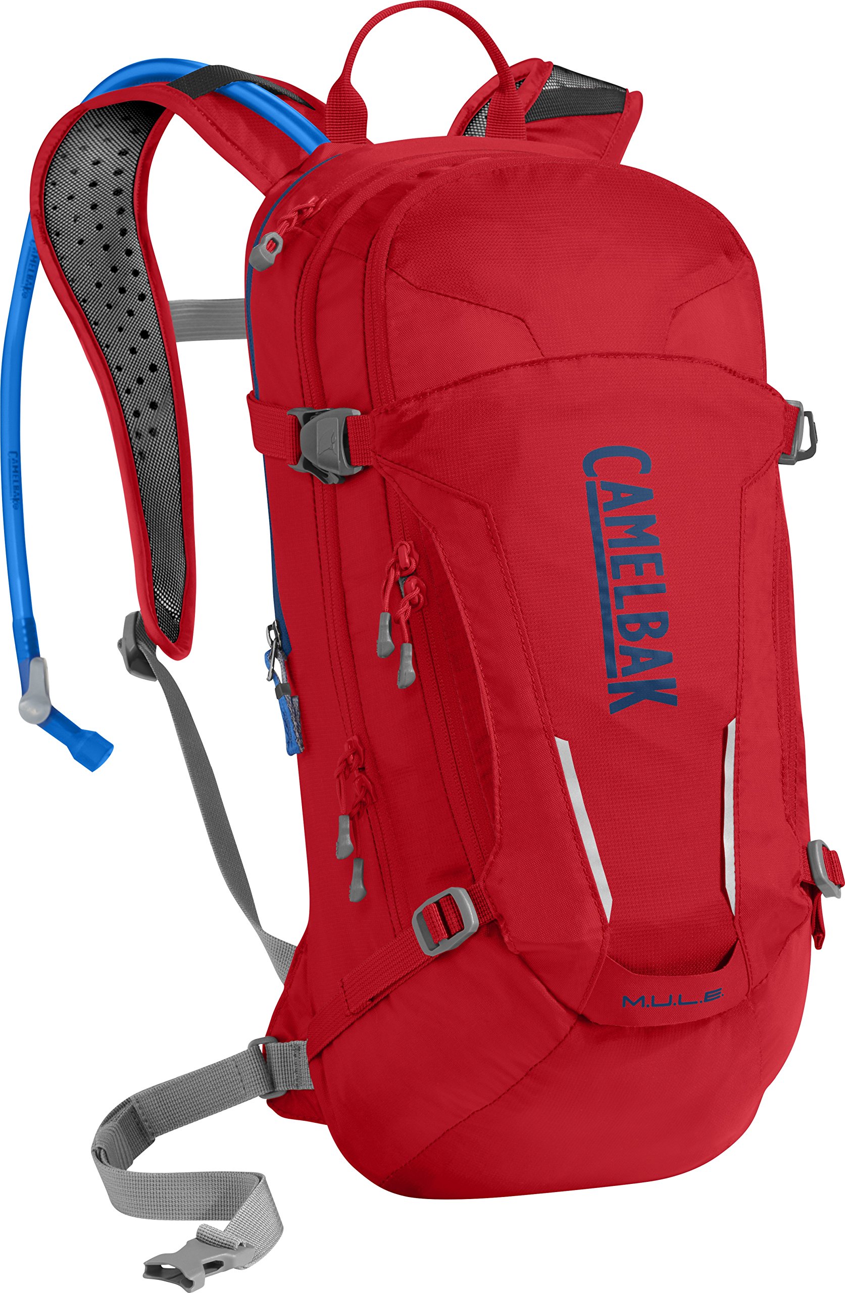 camelbak m.u.l.e. mountain biking hydration pack - 20 percent more water per sip - easy, 3 l/100 oz, racing red & pitch blue, model:1115602000