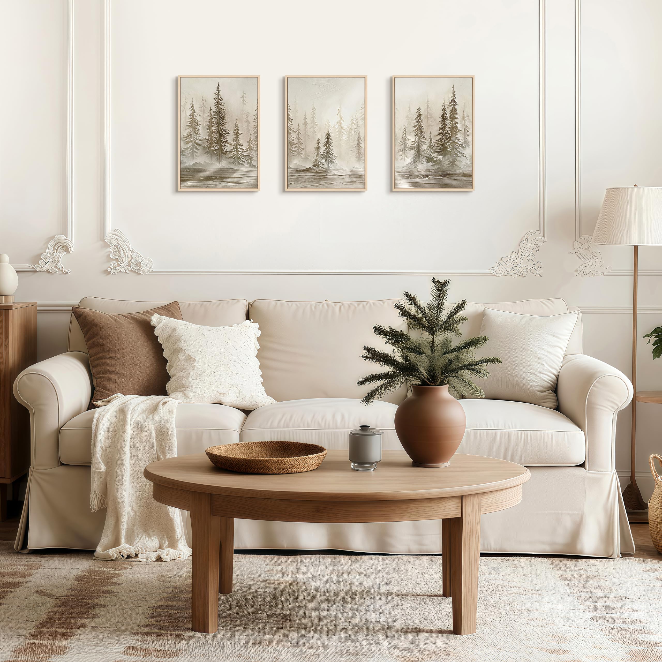 3Pcs Quadri Moderni Neutro Astratto Paesaggio Stampa Su Tela Con Cornice, Nebuloso Sole Pino Foresta Stampe Da Parete Natura Rustico Foresta Quadro Decor per Soggiorno Camera da Letto Cucina 30x40cmx3