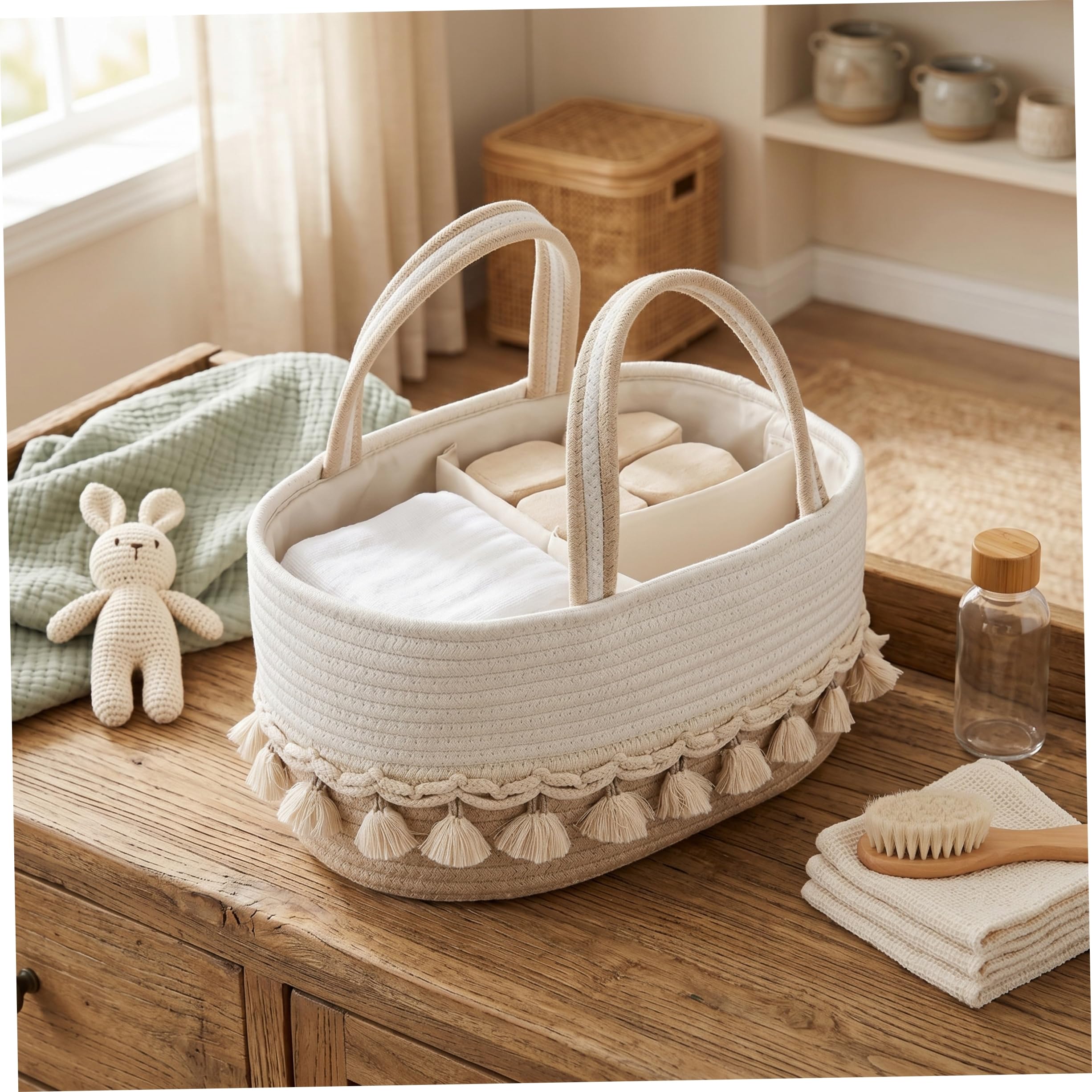 Organisateur de caddie à couches pour bébé avec séparateurs amovibles, panier de chambre d'enfant tissé à la main avec poignées pompons, kaki et blanc, 14, 17 x 8, 66 x 7, 09 pouces, organisateur c