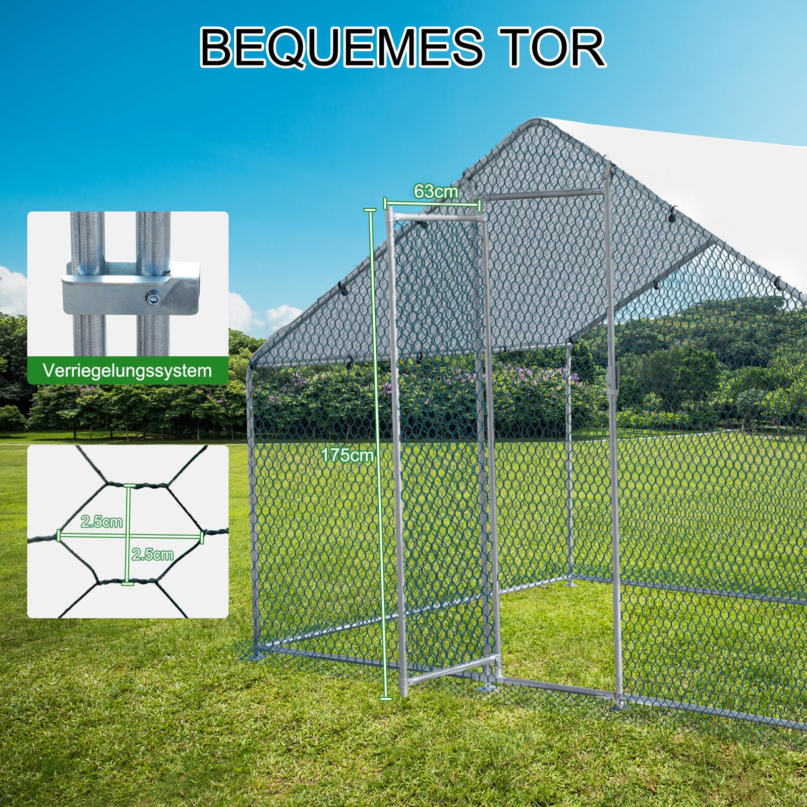 LEADZM Gallinero, 2 x 2 x 2 m, cercado para gallinas, 4 m², gran recinto con polietileno impermeable, de acero galvanizado, techo puntiagudo