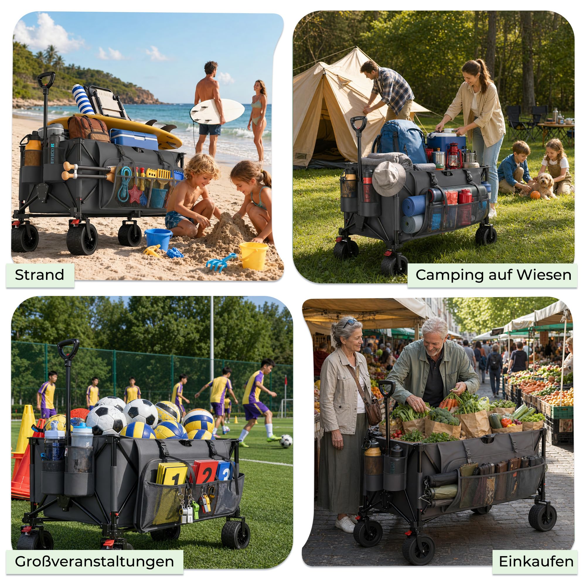 JUMMICO XXXL Faltbarer Bollerwagen 260L 200KG Tragkraft, Kapazität 17cm Ballonreifen Doppelte Feststellbremse Strand Einkauf Fest Camping Transportwagen, Grau