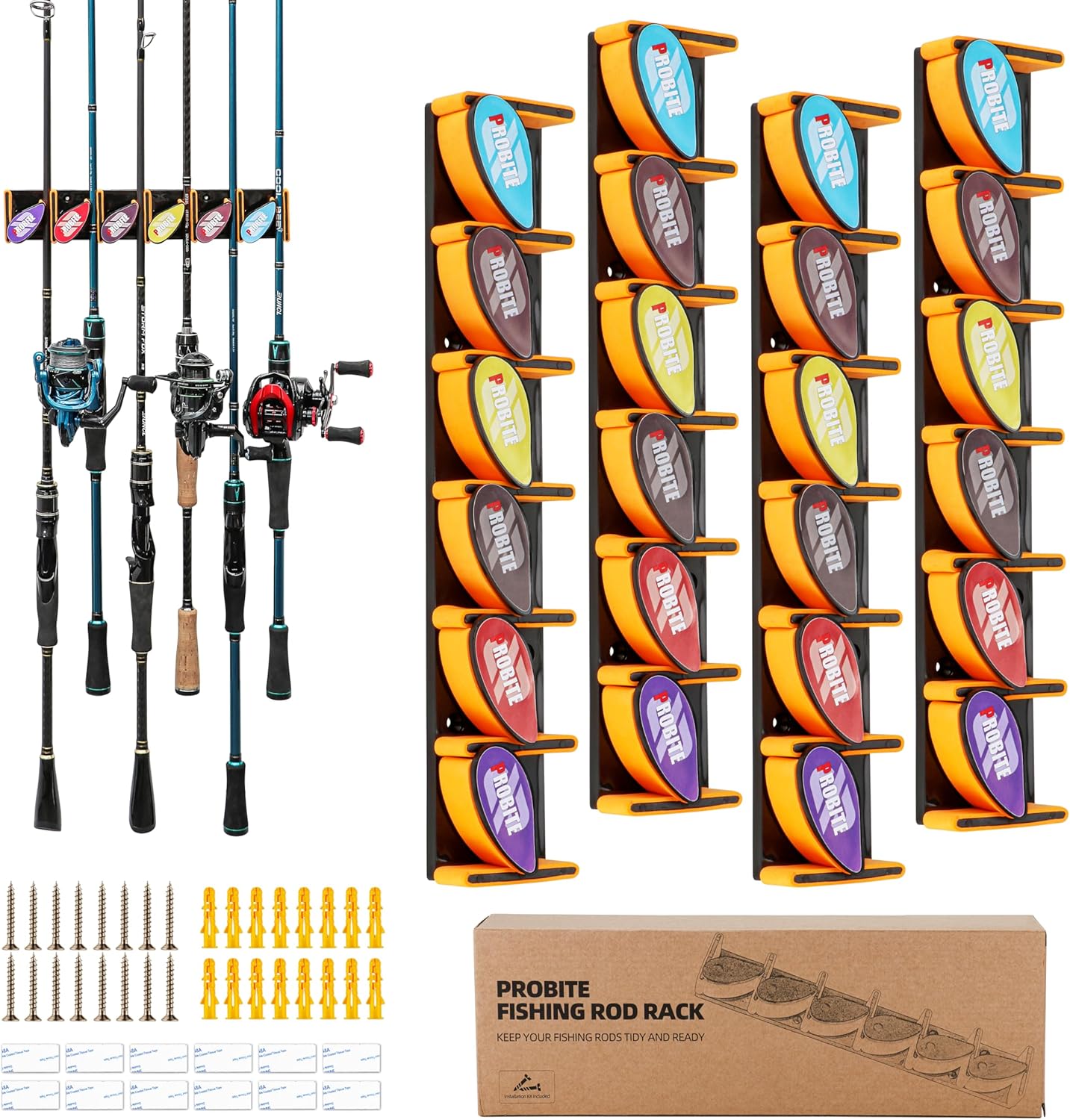 Wall Mounted Fishing Rod Holder for Garage, Horizontal & Vertical Fishing Rod Rack, Fishing Pole Storage with Soft EVA Protective Pad, Holds Up to 6 Rods or Combos, Fits Most Fishing Poles