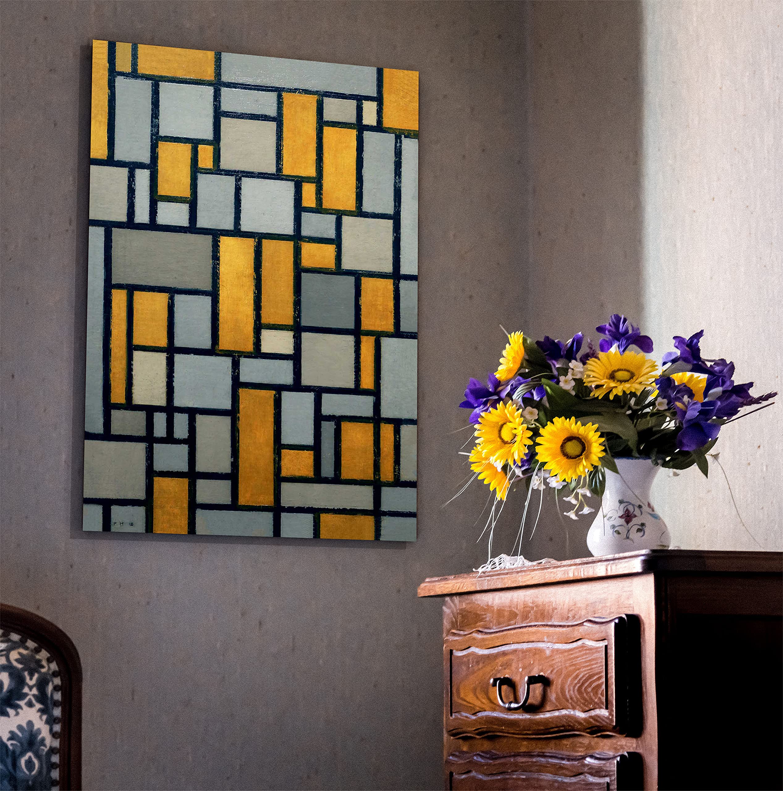 Toile murale encadrée avec grille de composition 1 par Piet Mondrian - Décoration d'intérieur - Grand format - 60 x 86 cm