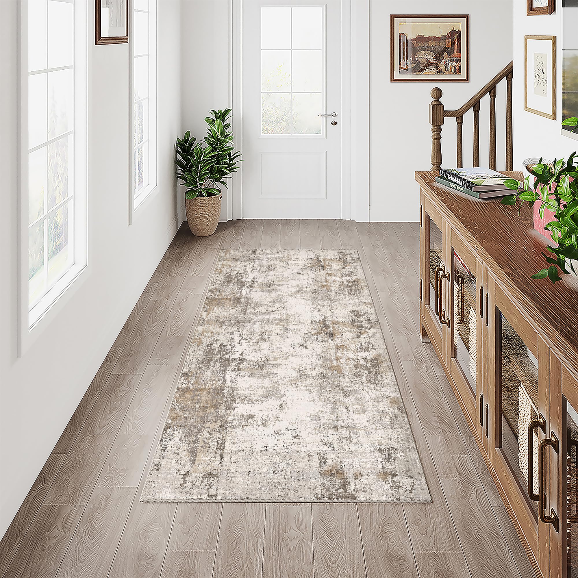 HUGEAR Waschbarer LäUfer Teppich Flur 60 x 180cm Braun Grau Modern Abstrakt Küchen Wohnzimmer Schlafzimmer Teppiche TeppichläUfer rutschfest Kurzflor Weich FlurläUfer TeppichläUfer Bettvorleger
