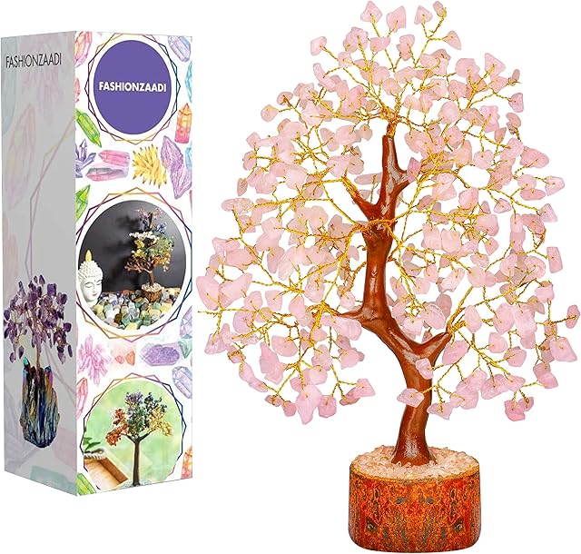 FASHIONZAADI Rose Quartz Gemstone Crystal Tree Healing Crystals & Stones Chakra Trees Reiki Stone Good Luck Bonsai Crystal Home Office Table Decor Gift size -10-12 Inch (Golden Wire)