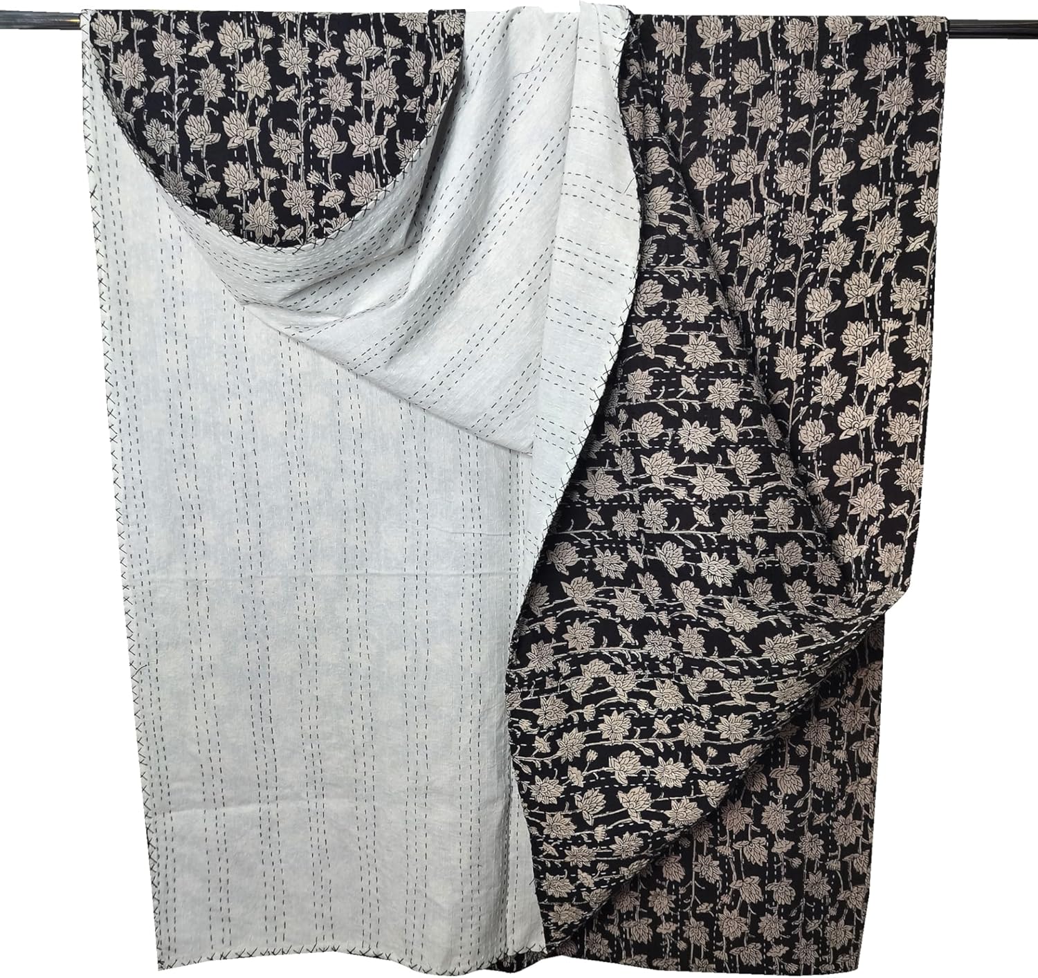 thehandicraftworld Black Hand Block Print Kantha Quilt/Cotton Kantha Bed Cover Indian Kantha Quilt King Size Bedspread Hondmade Kantha Home Decor Sheet (King/Queen Size 90x108 Inch)