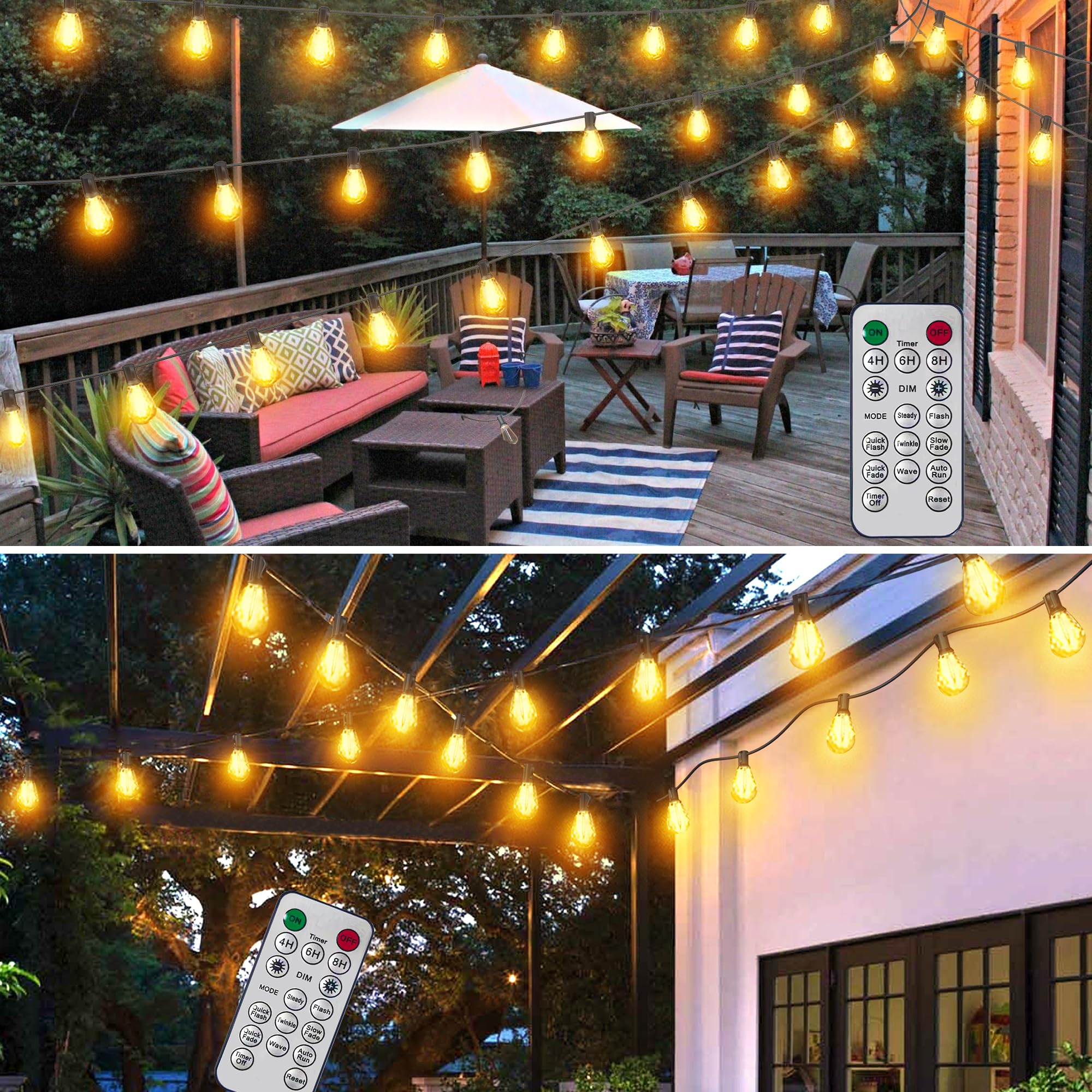 BLIATLUS Guirnalda de luces solares de 60 pies para exteriores, impermeable, con control remoto, luces solares para patio, porche, jardín, mercado, bistró, patio, valla