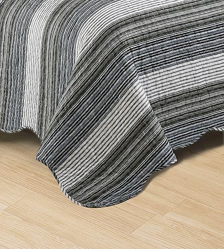 Miniatura 4 de Brilliant Sunshine- Juego de colcha de 3 piezas con 2 fundas de almohada- tela de retazos a rayas en múltiples grises- reversible, suave y ligero-