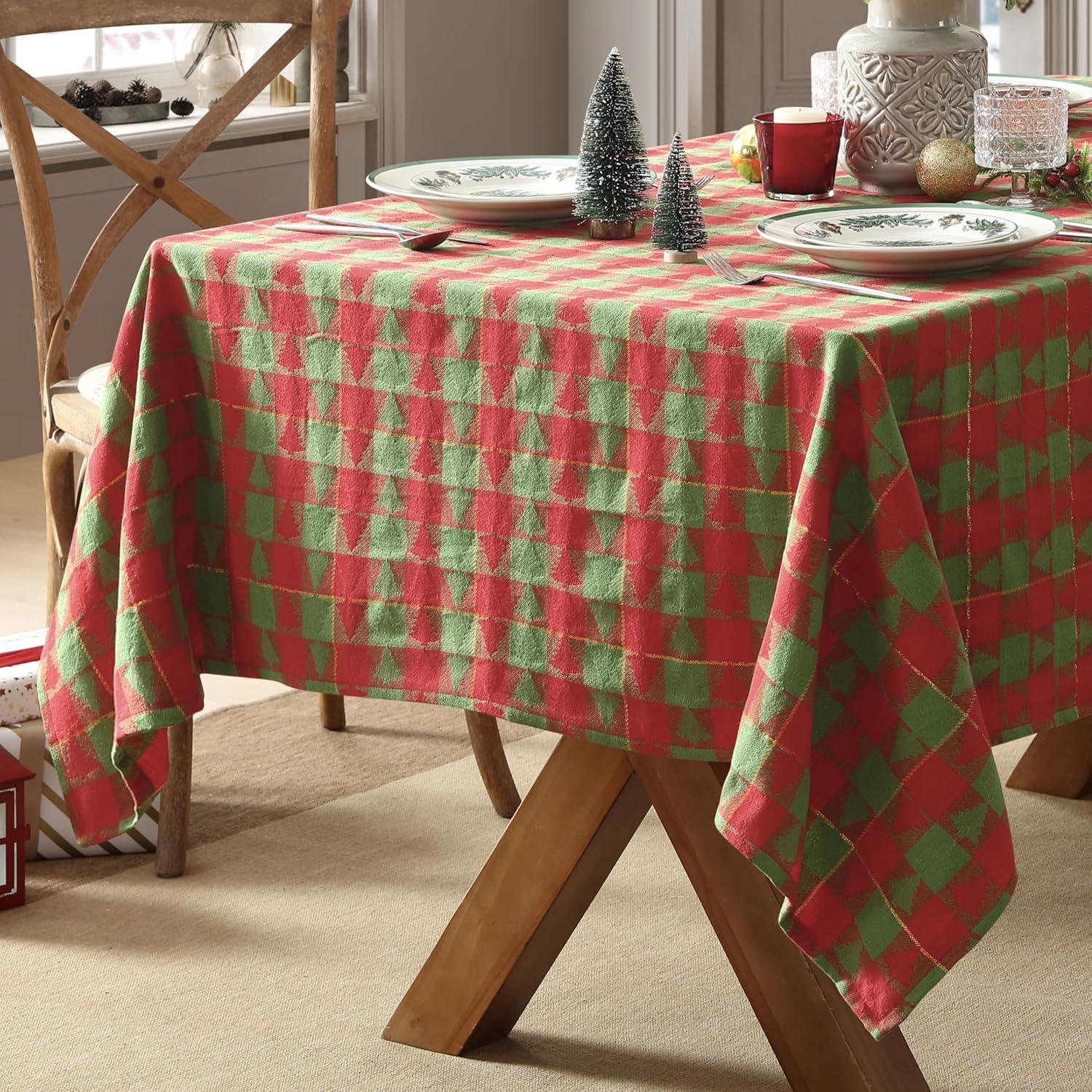 Home Bargains Plus Evergreen Tree Plaid Fabric Tablecloth, 52 x 70 Inch Rectangle, Red and Green Holiday Check with Tree Pattern, Cotton Blend Christmas Table Cover for Festive Dining