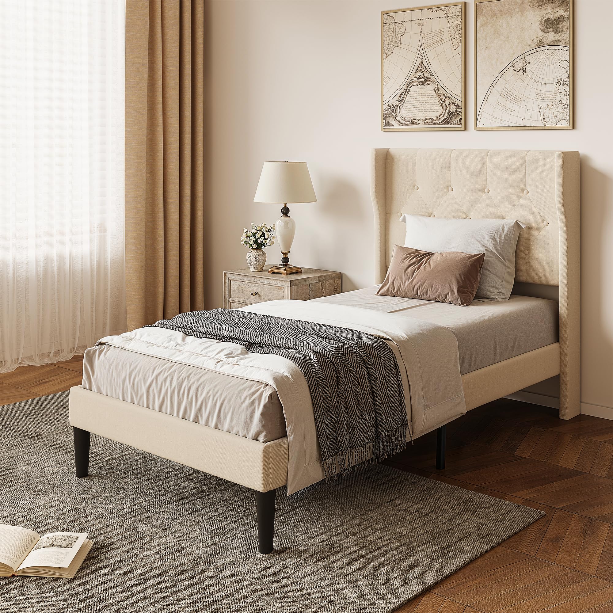 Xbro Lit Rembourré 90 x 200 cm,Forme Rembourré avec Support de Lattes en Bois,Lit Simple,Facile à Assembler et Stable,20 cm de Rangement,Beige