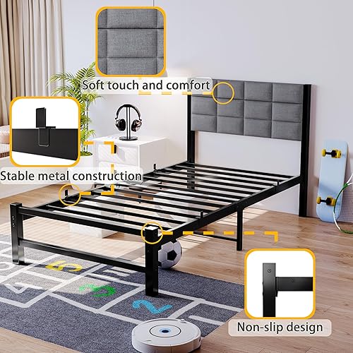 Miniatura 3 de Base de cama individual con cabecero, marco de cama individual con listones de metal, plataforma de soporte, tamaño individual con almacenamiento