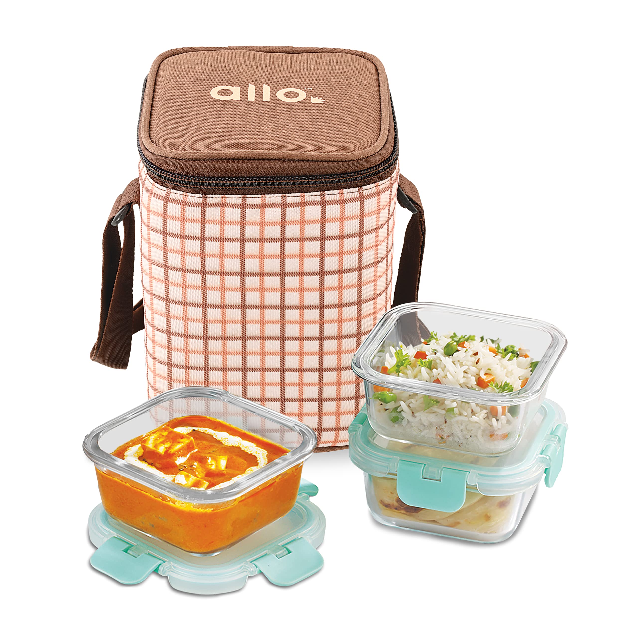 Allo FoodSafe Glass Lunch Box with Break Free Detachable Lock, Oven & Microwave Safe, Borosilicate Glass Container, Office Tiffin with Cocoa Brown Bag, Set of 3, 310ml, Square