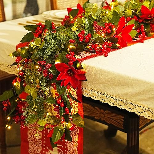 Miniatura 5 de Guirnalda de Navidad artificial preiluminada con luces, flores de Pascua de 6 pies, hojas de acebo, bayas rojas para árbol, chimenea, escalera