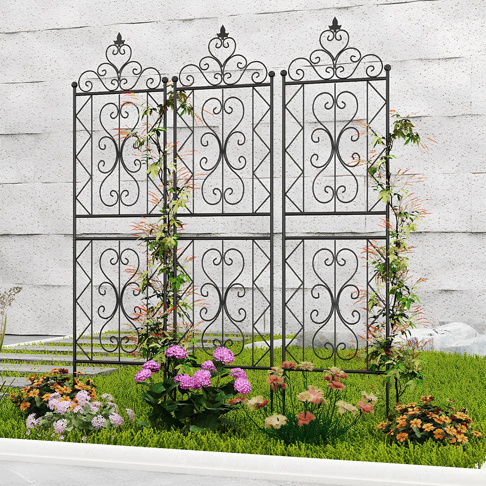 Traliccio da Giardino in Metallo Antiruggine, 50x185cm/50x210cm Griglia per Rampicanti, Grigliato da Supporto Divisorio Decorativo per Rose, Edera(Black,W50xH210cm)