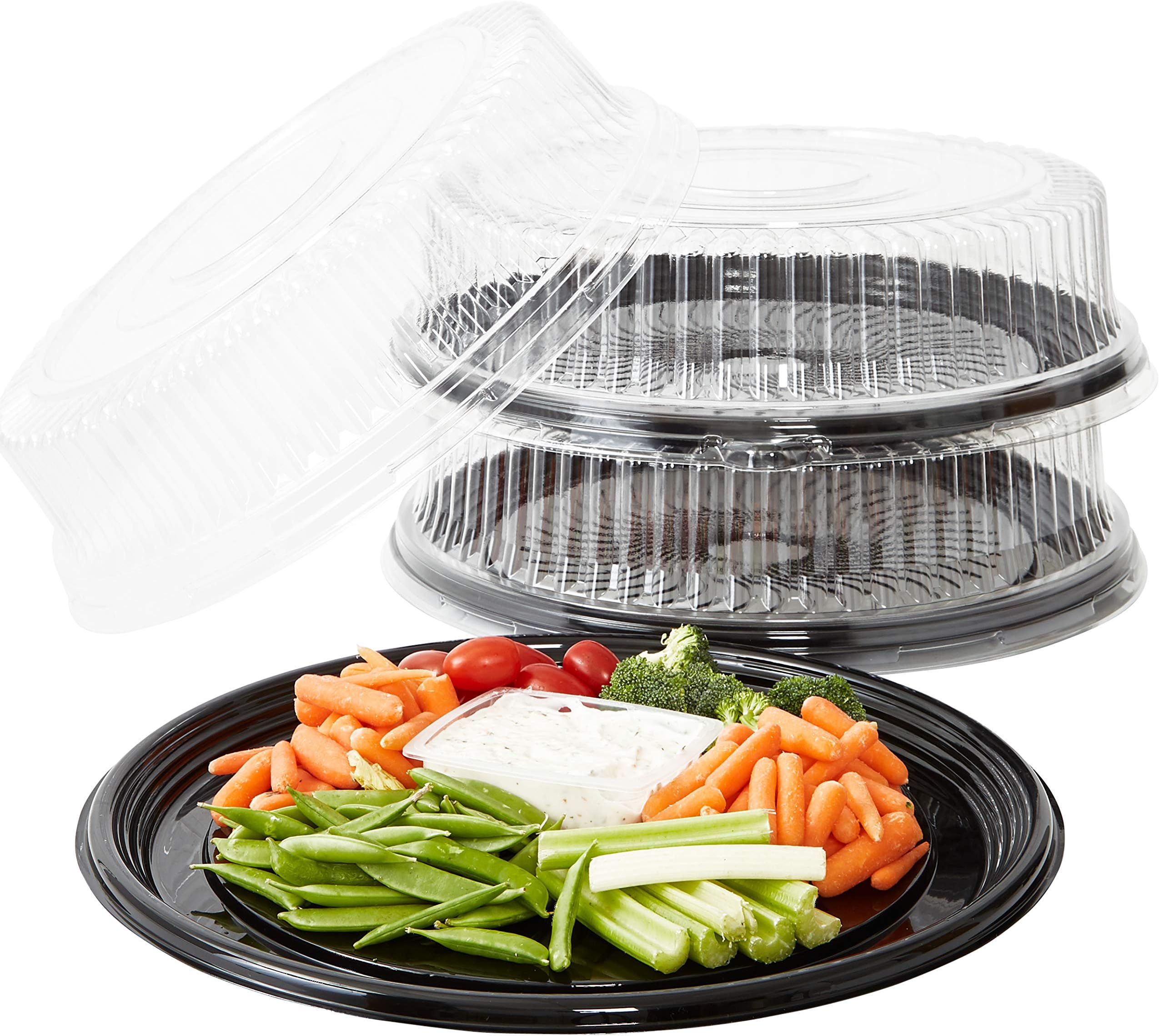 - Heavy Duty, Recyclable 16 in. Serving Tray and Lid 3pk. Large, Black Plastic Party Platters with Clear Lids. Elegant Round Banquet or Catering Trays for Serving Appetizers, Sandwich and Veggie Plates