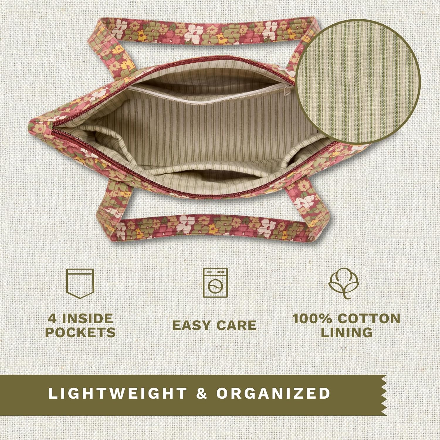 Bella Taylor Small Tote, Quilted Purse for Women, Lightweight Fabric Handbag, 10 Pockets, Zip Top - Image 5