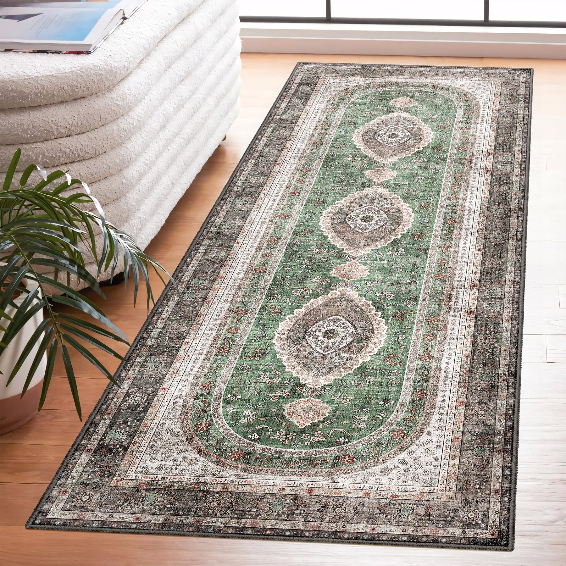 Castage Washable Runner Rug 2x6,Green Rug Runners Non Slip,Long Boho Rugs for Hallways Kitchen Bedroom Entryway Bathroom,Vintage Bohemian Distressed