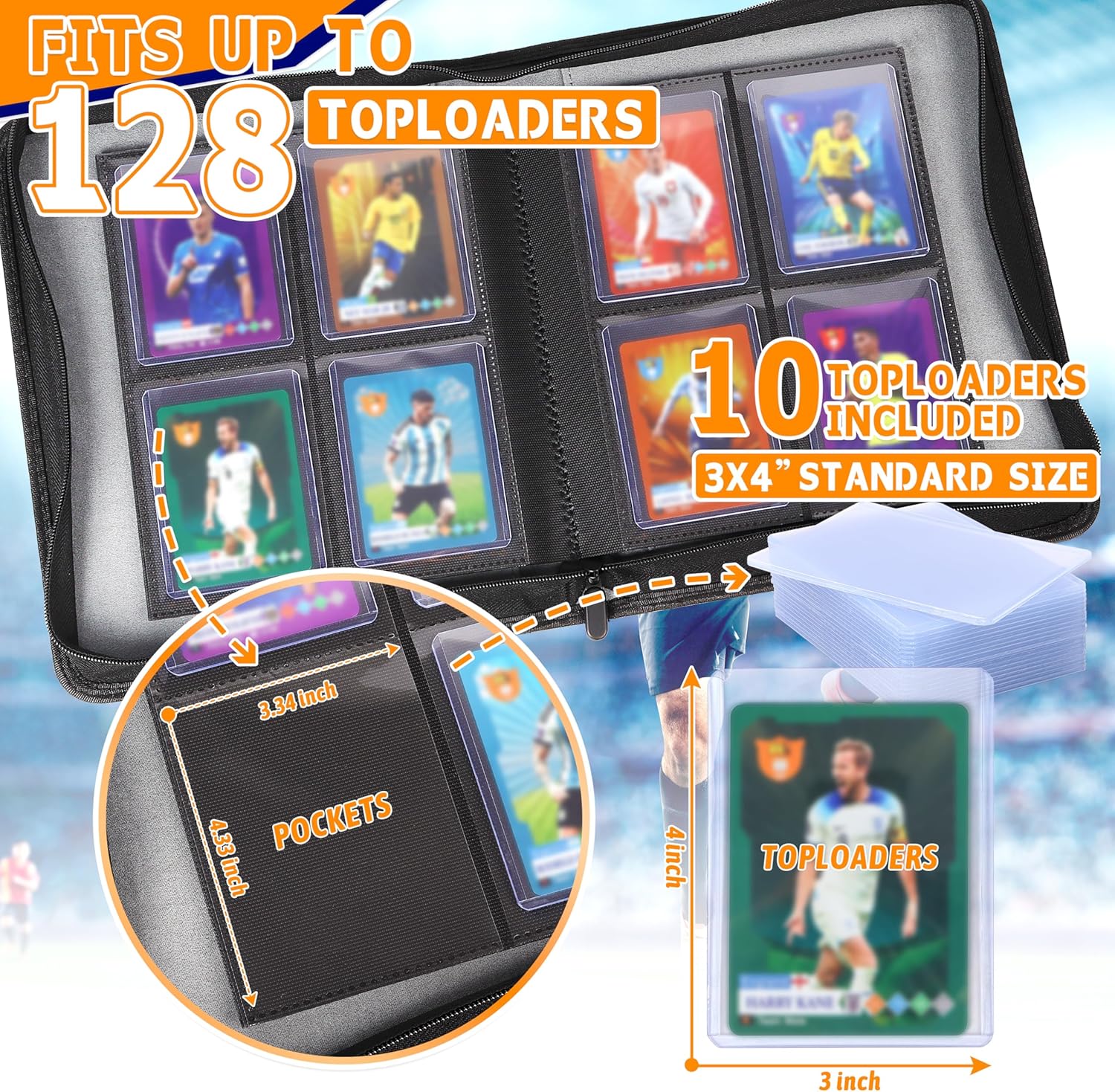 ZAIONE Toploader Binder for Trading Cards: 4 Pockets Top Loader Binder Holds 128 Toploaders for 2025 Sport Cards Display Storage （Black Diamond Texture)