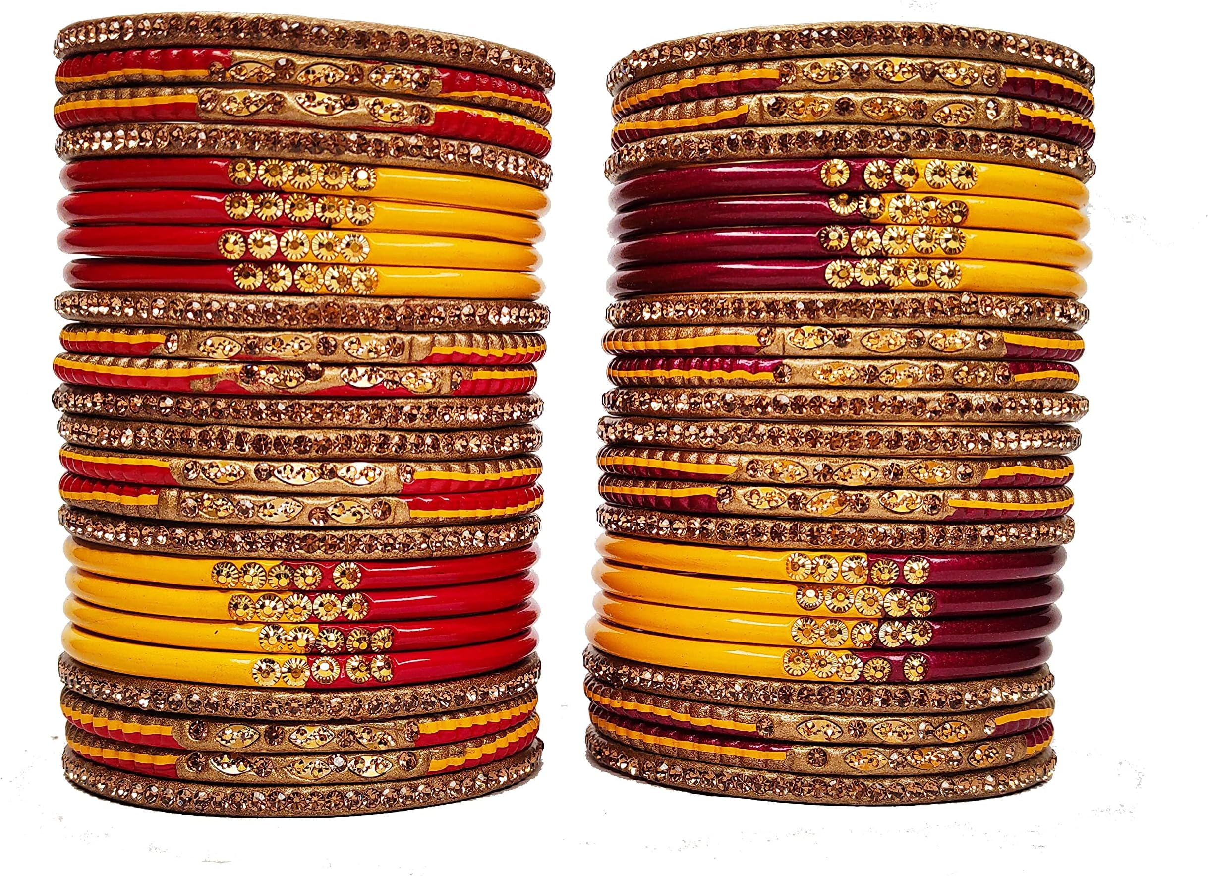 Lahthi Wala Lac Bangles Traditional set - Jaipuri Lakh Bangle Chuda Handmade Rajasthani Lac Bangles Chudi for Women, Ethnic Wedding Set For Girls & Ladies, Gift For Wife combo set (48 Pcs, Maroon, Red & Yellow Color)