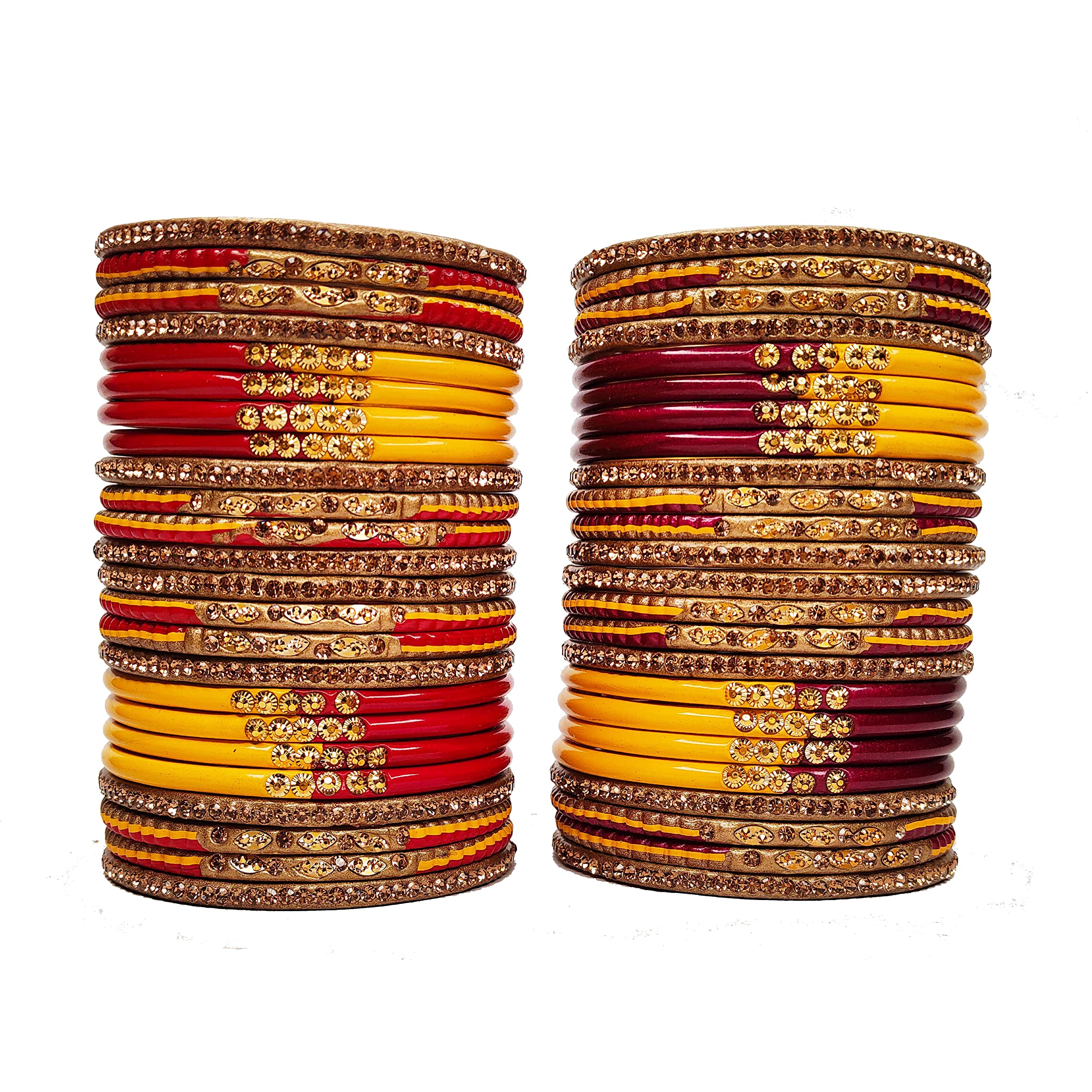 Lahthi Wala Lac Bangles Traditional set - Jaipuri Lakh Bangle Chuda Handmade Rajasthani Lac Bangles Chudi for Women, Ethnic Wedding Set For Girls & Ladies, Gift For Wife combo set (48 Pcs, Maroon, Red & Yellow Color)