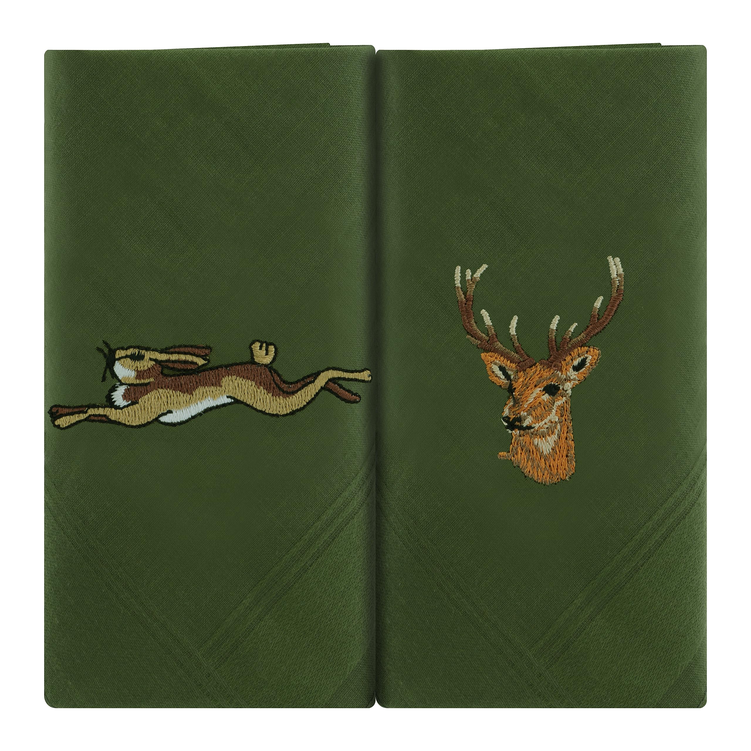Mandittions Men's Green Stag Hare Box Of 2 Green Cotton Handkerchiefs Embroidered With A Majestic Stag And A Country Hare