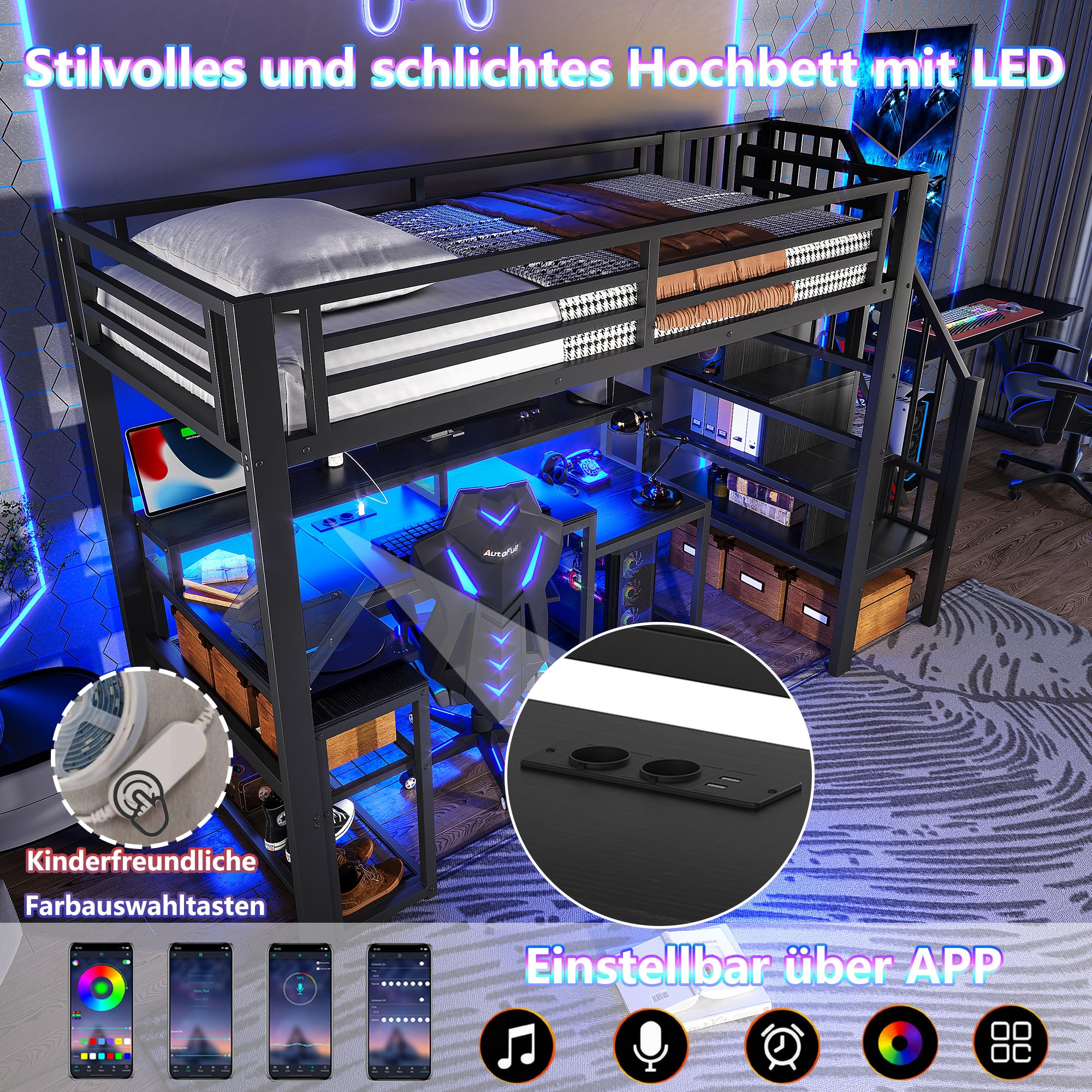 Lubvtti Letto a soppalco in ferro 90 x 200 con luminosa a LED,scrivania,porta USB,vano contenitore,scala con spazio contenitore,letto a castello per bambini,struttura letto per bambini,Nero