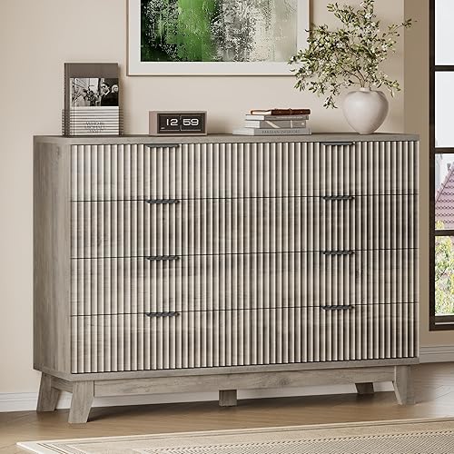 Miniatura 8 de Cómoda de 8 cajones con diseño acanalado, cómoda de 47.2" de ancho con 4 cajones modernos de estilo bohemio, cómoda de almacenamiento de madera