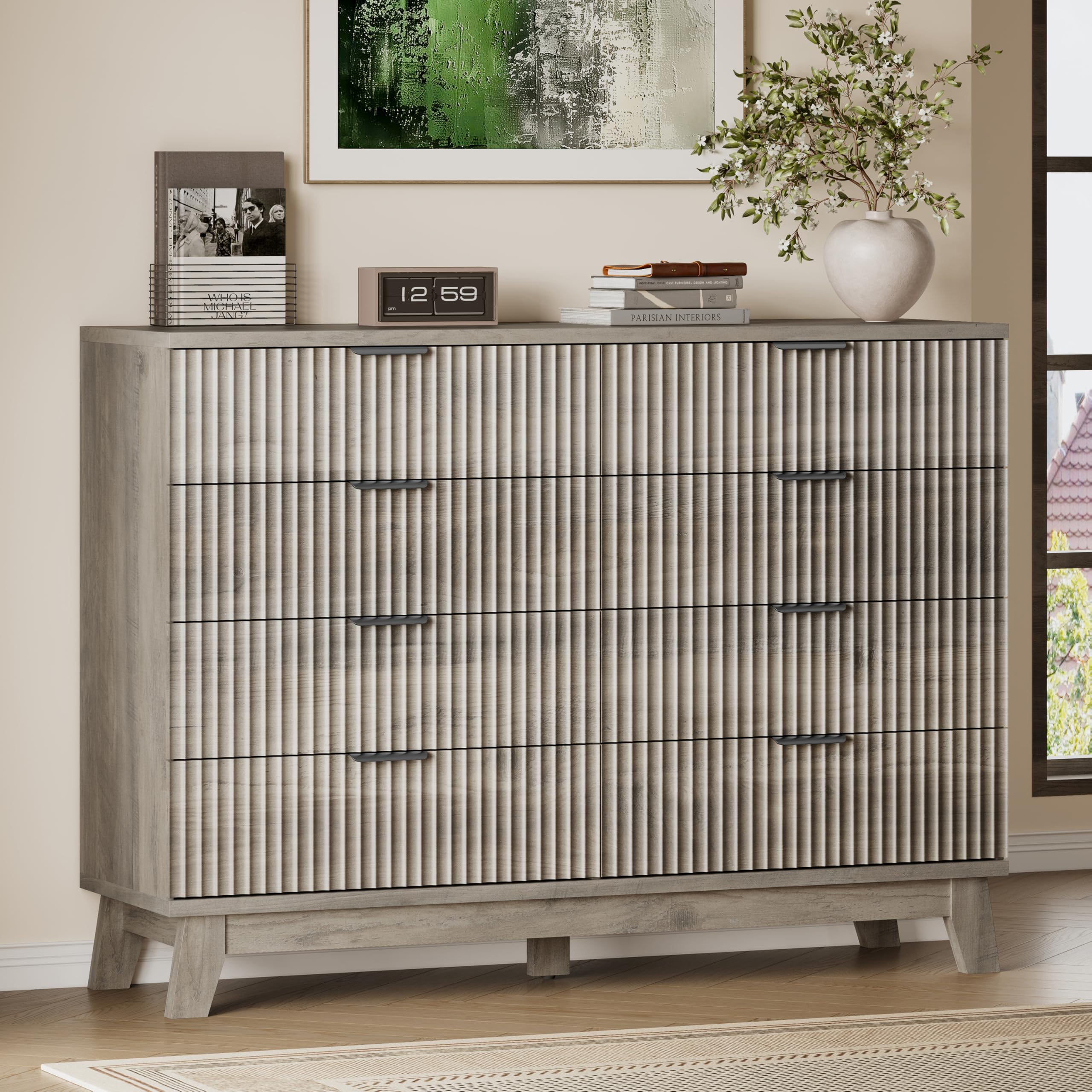 BORNOON 53" Wide Dresser for Bedroom, 8-Drawer Fluted Chest of Drawers, Modern Wood Highboy with Metal Slides and Handles, Anti-Tip Kit, Vertical Clothes Storage Organizer for Apartment, Closet