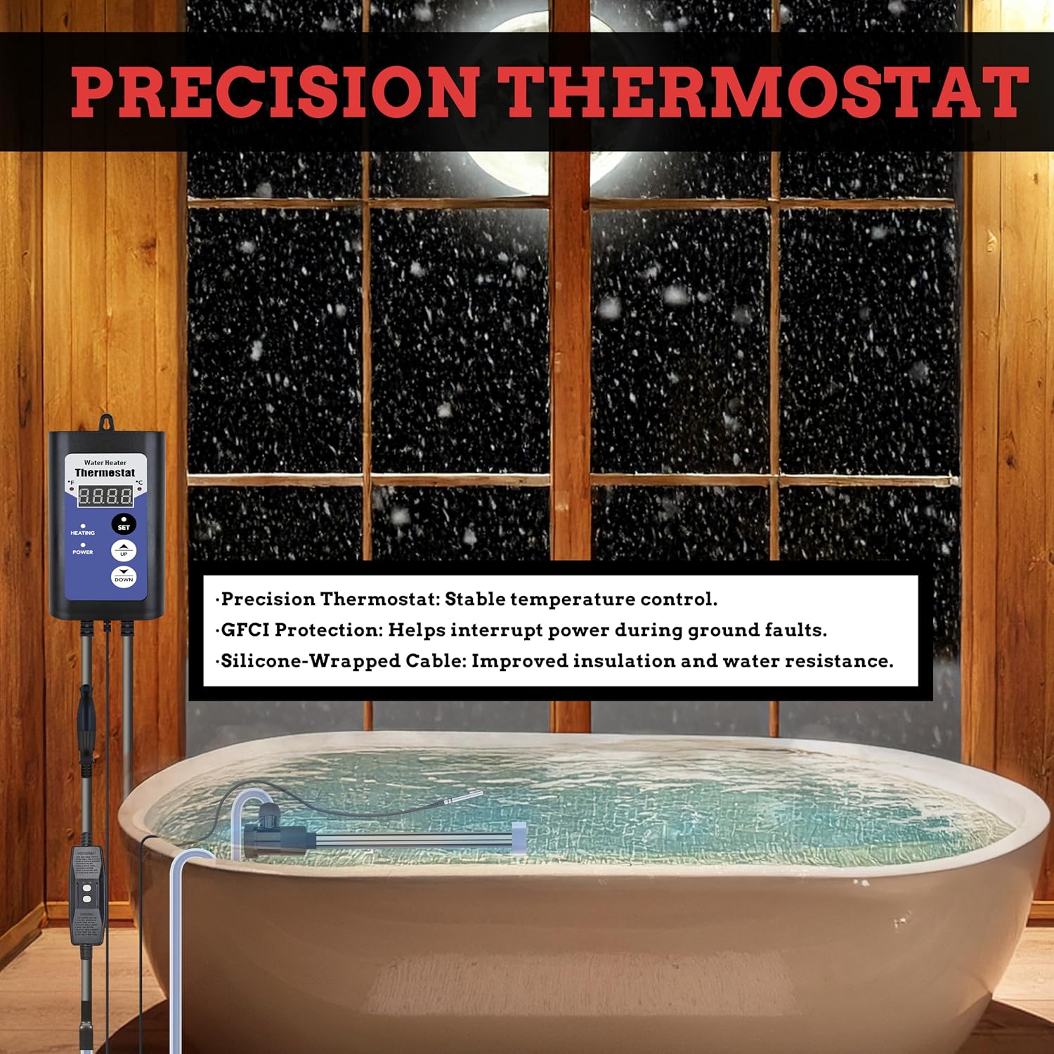 Immersion Water Heater 2000W Portable Bathtub & Pool Submersible Electric Water Heater with GFCI Leakage Protection & Temp Control forAbove-Ground Pool,Hot Tub, Baptistry & Inflatable Pool