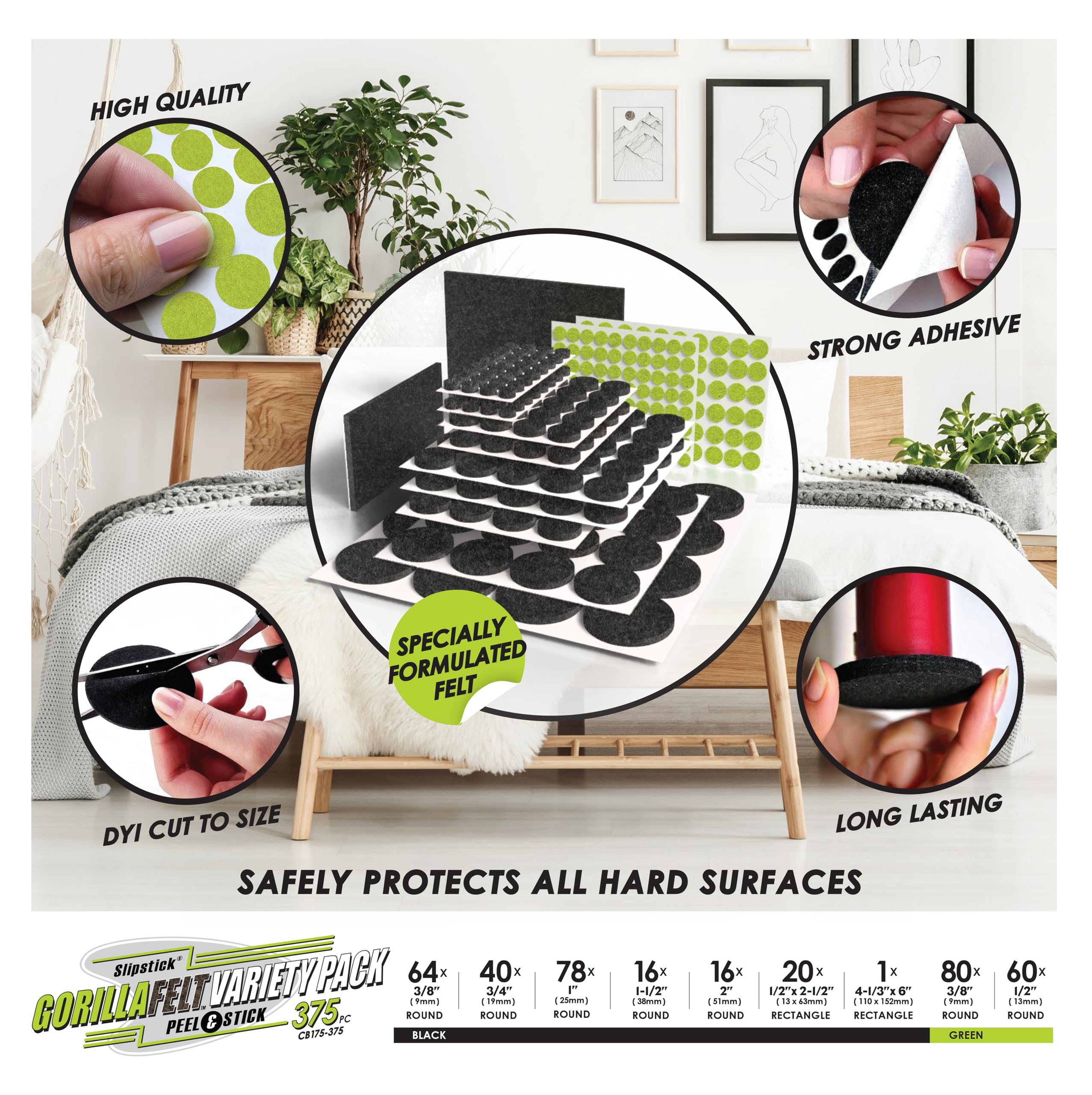 Slipstick Gorilla Felt Furniture Pads (375 Piece Variety Pack) Premium Furniture Pads & Chair Leg Floor Protectors for Hardwood Floors & Hard Surfaces - Image 2