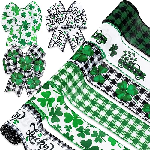AnyDesign 6 rollos de cinta de borde con alambre del día de San Patricio de 25 pulgadas verde negro blanco búfalo cinta de tela para envolver