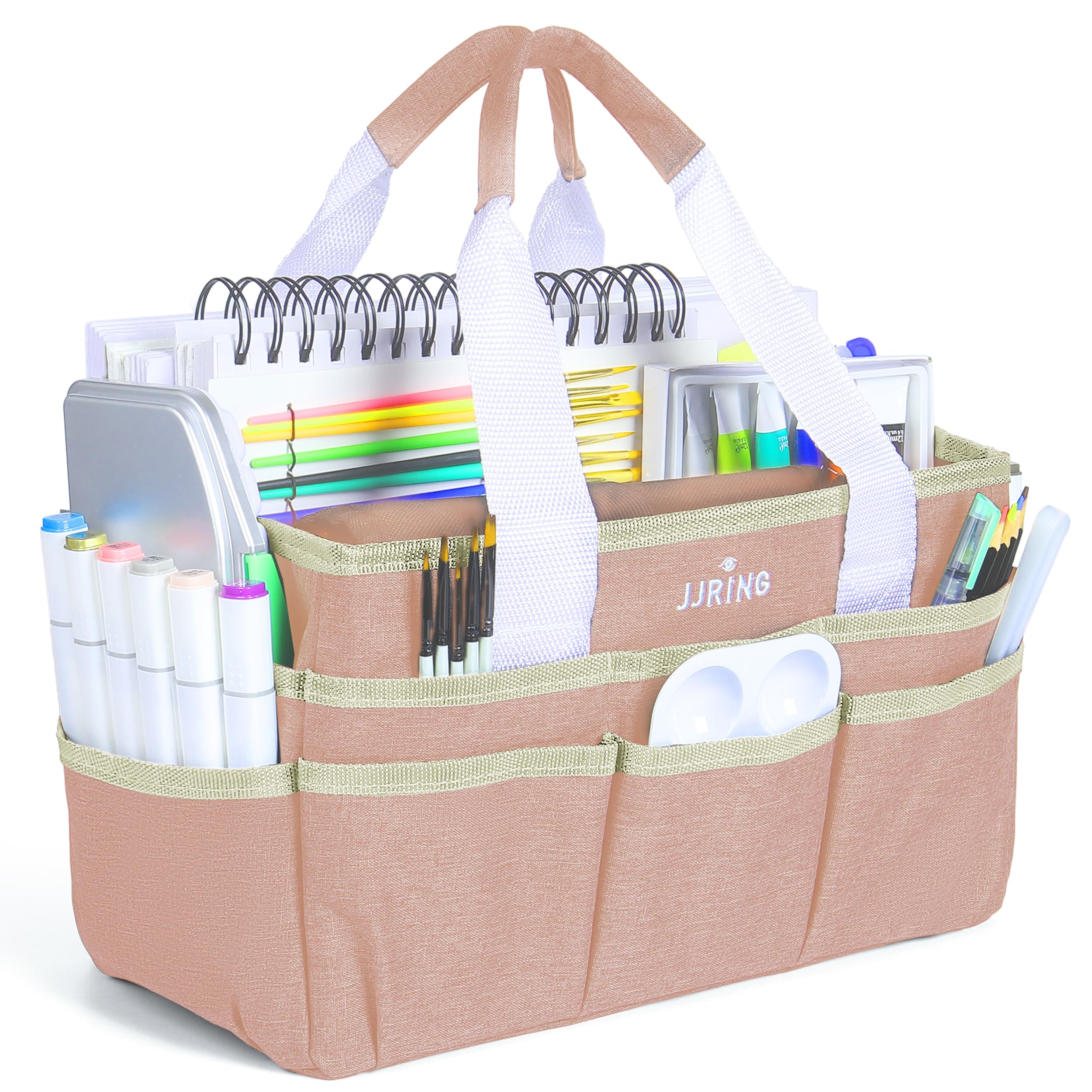 JJRING Craft Organizer Tote Bag, Art Storage Caddy with Multiple Pockets, Beige Sewing Bag for Art, Craft, Scrapbooking, School, Medical, and Office Supplies Storage