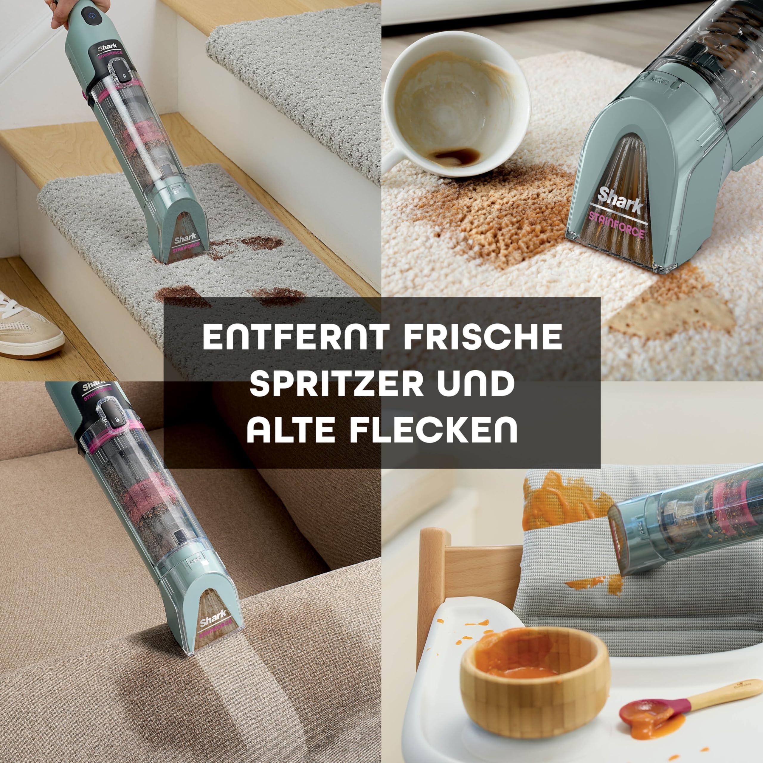 Shark StainForce kabelloser Fleckenentferner, tragbarer Flecken-, und Geruchsentferner für Teppichböden, Teppiche, Polstermöbel und mehr, mit Aufbewahrungsbox, Zubehör und 2 x Reiniger, HX100EUCP